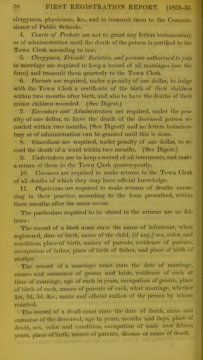 clergymen, physicians, &c., and to transmit them to the Commis- sioner of Public Schools. 4. Courts of Probate are not to grant any letters testamentary or of administration until the death of the person is certified to the Town Clerk according to law. 5. Clergymen^ Friends^ Societies, and persons authorized to join in marriage are required to keep a record of all marriages (see the form) and transmit them quarterly to the Town Clerk. 6. Parents are required, under a penalty of one dollar, to lodge with the Town Clerk a certificate of the birth of their children within two months after birth, and also to have the deaths of their minor children recorded. (See Digest.) 7. Executors and Administrators are required, under the pen- alty of one dollar, to have the death of the deceased person re- corded within two months, (See Digest) and no letters testamen- tary or of administration can be granted until this is done. 8. Guardians are required, under penalty of one dollar, to re- cord the death of a ward within two months. (See Digest.) 9. Undertakers are to keep a record of all interments, and make a return of them to the Town Clerk quarter-yearly. 10. Coroners are required to make returns to the Town Clerk of all deaths of which they may have official knowledge. 11. Physicians are required to make retm*ns of deaths occur- ring in their practice, according to the form prescribed, within three mouthy after the same occur. The particulars required to be stated in the returns are as fol- lows : The record of a birth must state the name of informant, when registered, date of birth, name of the child, (if any,) sex, color, and condition, place of birth, names of parents, residence of parents, occupation of father, place of birth of father, and place of birth of moth,er. The record of a marriage must state the date of marriage, names and surnames of groom and bride, residence of each at time of marriage, age of each in years, occupation of groom, place of birth of each, names of parents of each, what marriage, whether 1st, 2d, 3d, &c,, name and official station of the person by whom married. The record of a death must state the date of death, name and surname of the deceased, age in years, months and days, place of death, sex, color and condition, occupation of male over fifteen years, place of birth, names of parents, disease or cause of death.