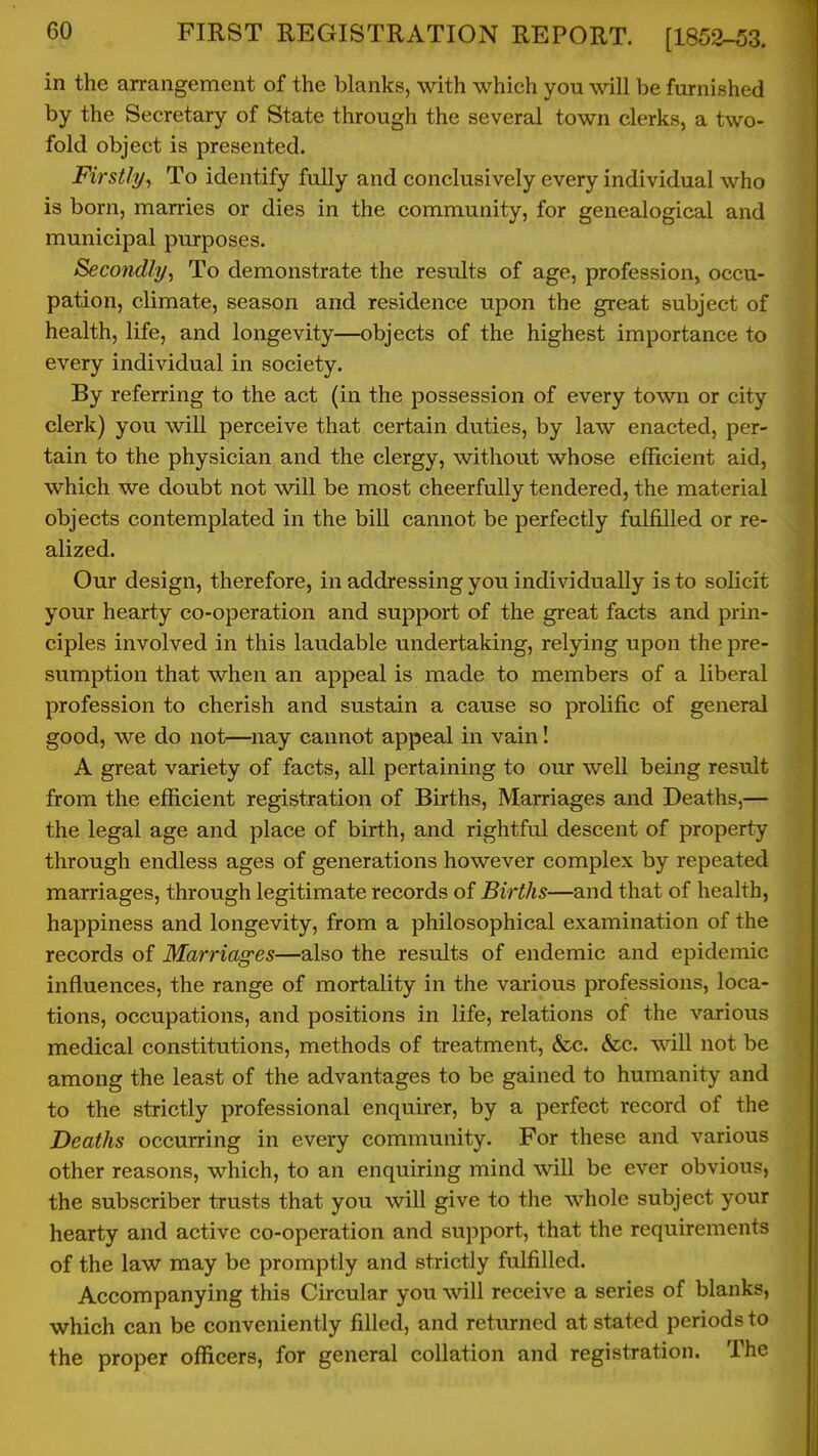 in the arrangement of the blanks, with which you will be furnished by the Secretary of State through the several town clerks, a two- fold object is presented. Firstly^ To identify fully and conclusively every individual who is born, marries or dies in the community, for genealogical and municipal purposes. Secondly^ To demonstrate the results of age, profession, occu- pation, climate, season and residence upon the great subject of health, life, and longevity—objects of the highest importance to every individual in society. By referring to the act (in the possession of every town or city clerk) you will perceive that certain duties, by law enacted, per- tain to the physician and the clergy, without whose efficient aid, which we doubt not will be most cheerfully tendered, the material objects contemplated in the bill cannot be perfectly fulfilled or re- alized. Our design, therefore, in addressing you individually is to solicit your hearty co-operation and support of the great facts and prin- ciples involved in this laudable undertaking, relying upon the pre- sumption that when an appeal is made to members of a liberal profession to cherish and sustain a cause so prolific of general good, we do not—nay cannot appeal in vain! A great variety of facts, all pertaining to our well being result from the efficient registration of Births, Marriages and Deaths,— the legal age and place of birth, and rightful descent of property through endless ages of generations however complex by repeated marriages, through legitimate records of Births—and that of health, happiness and longevity, from a philosophical examination of the records of Marriages—also the results of endemic and epidemic influences, the range of mortality in the various professions, loca- tions, occupations, and positions in life, relations of the various medical constitutions, methods of treatment, &c. &c. will not be among the least of the advantages to be gained to humanity and to the strictly professional enquirer, by a perfect record of the Deaths occurring in every community. For these and various other reasons, which, to an enquiring mind will be ever obvious, the subscriber trusts that you will give to the whole subject your hearty and active co-operation and support, that the requirements of the law may be promptly and strictly fulfilled. Accompanying this Circular you will receive a series of blanks, which can be conveniently filled, and returned at stated periods to the proper officers, for general collation and registration. The