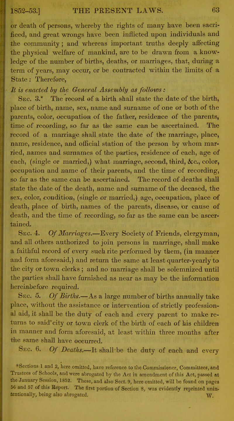 1852-53.] or death of persons, whereby the rights of many have been sacri- ficed, and great wrongs have been inflicted upon individuals and the community ; and whereas important truths deeply affecting the physical welfare of mankind, are to be drawn from a know- ledge of the number of births, deaths, or mamages, that, dming a term of years, may occur, or be contracted within the limits of a State: Therefore, It is enacted by the General Assembly as follows : Sec. 3.* The record of a birth shall state the date of the birth, place of birth, name, sex, name and surname of one or both of the parents, color, occupation of the father, residence of the parents, time of recording, so fax as the same can be ascertained. The record of a marriage shall state the date of the marriage, place, name, residence, and official station of the person by whom mar- ried, names and surnames of the parties, residence of each, age of each, (single or married,) what marriage, second, third, &c., color, occupation and name of their parents, and the time of recording, so far as the same can be ascertained. The record of deaths shall state the date of the death, name and surname of the decased, the sex, color, condition, (single or married,) age, oecupation, place of death, place of bkth, names of the parents, disease^ or cause of death, and the time of recordings so far as the same can be ascer- tained. Sec. 4. Of Marriages.—Every Society of Friends, clergyman, and all others authorized to join persons in marriage, shall make a faithful record of every such rite performed by them, (in manner and form aforesaid,) and return the same at least quarter-yearly to the city or town clerks ; and no marriage shall be solemnized until the parties shall have furnished as near as may be the information hereinbefore required. Sec. 5. Of Births.—-As a large number of births annually take place, without the assistance or intervention of strictly profession- al aid, it shall be the duty of each and every parent to make re- turns to said* city or town clerk of the birth of each of his children in manner and form aforesaid, at least within three months after the same shall have occurred. Sec. 6. Of Deaths.—It shall be the duty of each and every ^Sections 1 and 2, here omitted, have reference to the Commissioner, Committees, and Trustees of Schools, and were abrogated by the Act in amendment of this Act, passed at the January Session, 1852. These, and also Sect. 9, here omitted, will be found on pages 56 and 57 of this Report. The first portion of Section 8, was evidently reprinted unin- tentionally, being also abrogated, W.