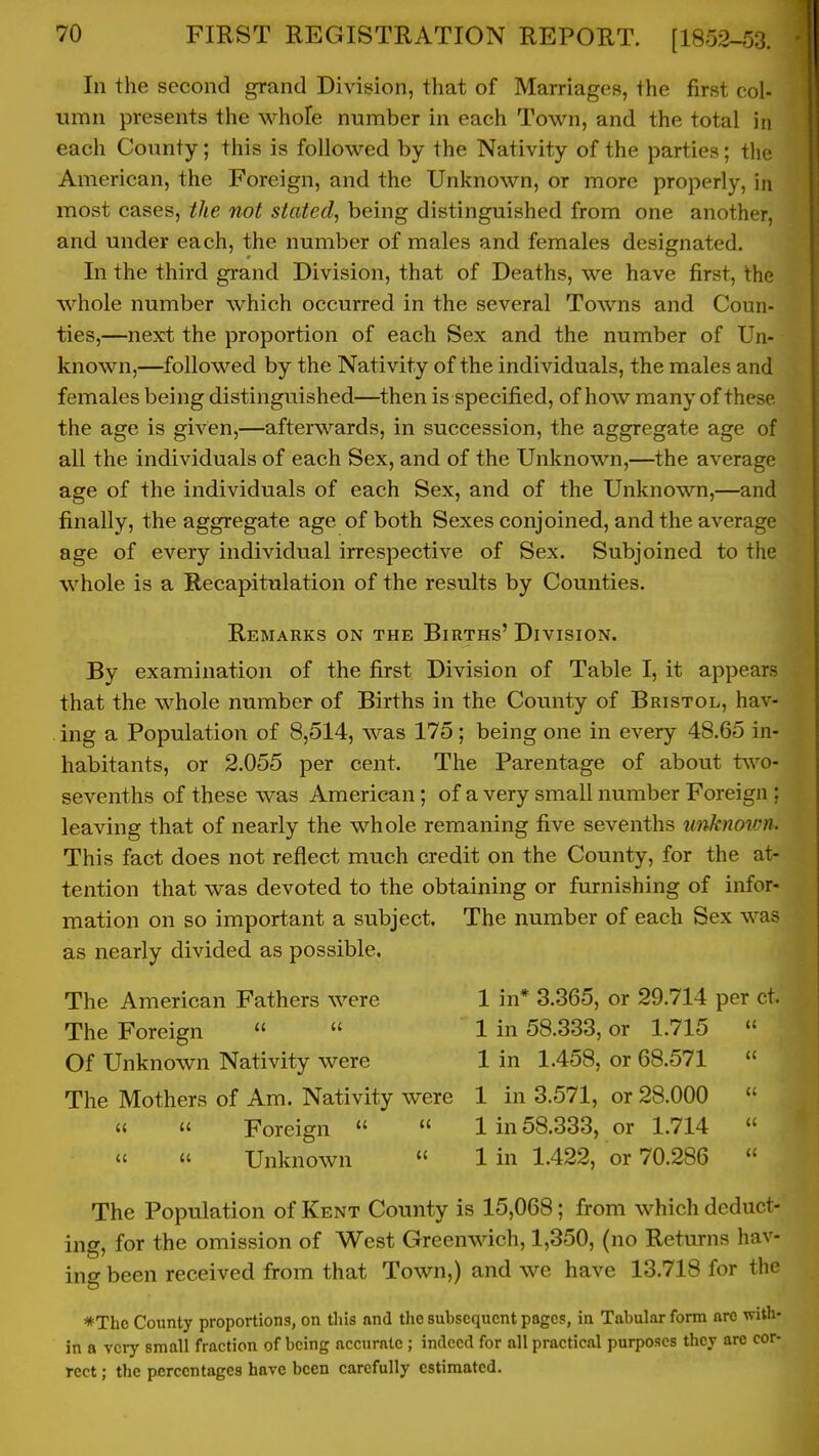 In the second grand Division, that of Marriages, the first col- umn presents the whole number in each Town, and the total in each County; this is followed by the Nativity of the parties; the American, the Foreign, and the Unknown, or more properly, in most cases, the not stated., being distinguished from one another, and under each, the number of males and females designated. In the third grand Division, that of Deaths, we have first, the whole number which occurred in the several Towns and Coun- ties,—next the proportion of each Sex and the number of Un- known,—followed by the Nativity of the individuals, the males and females being distinguished—then is specified, of how many of these the age is given,—afterwards, in succession, the aggregate age of all the individuals of each Sex, and of the Unknown,—the average age of the individuals of each Sex, and of the Unknown,—and finally, the aggregate age of both Sexes conjoined, and the average age of every individual irrespective of Sex. Subjoined to the whole is a Recapitulation of the results by Counties. Remarks on the Births' Division. By examination of the first Division of Table I, it appears that the whole number of Births in the County of Bristol, hav- ing a Population of 8,514, was 175; being one in every 48.65 in- habitants, or 2.055 per cent. The Parentage of about two- sevenths of these was American; of a very small number Foreign ; leaving that of nearly the whole remaning five sevenths unknoivn. This fact does not reflect much credit on the County, for the at- tention that was devoted to the obtaining or furnishing of infor- mation on so important a subject. The number of each Sex was as nearly divided as possible. The American Fathers were The Foreign   Of Unknown Nativity were The Mothers of Am. Nativity were  « Foreign     Unknown  1 in* 3.365, or 29.714 per ct 1 in 58.333, or 1.715  1 in 1.458, or 68.571  1 in 3.571, or 28.000  1 in 58.333, or 1.714 « 1 in 1.422, or 70.286  The Population of Kent County is 15,068; from which deduct- ing, for the omission of West Greenwich, 1,350, (no Returns hav- ing been received from that Town,) and we have 13.718 for the *Thc County proportions, on this and the subsequent pages, in Tabular form arc with- in a very small fraction of being accurate ; indeed for all practical purposes they are cor- rect ; the percentages have been carefully estimated.