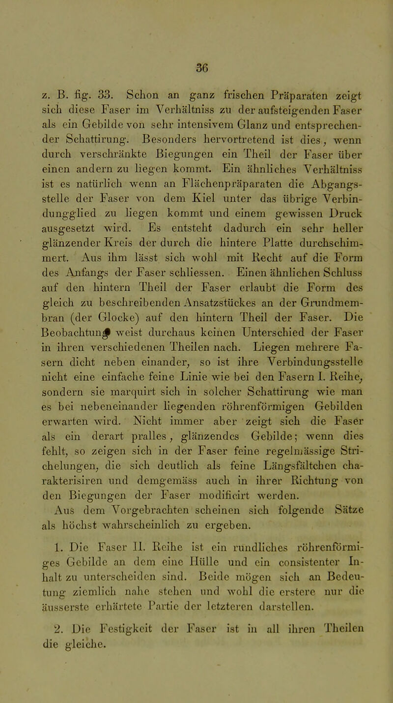 z. B. fig. 33. Schon an ganz frischen Präparaten zeigt sich diese Faser im Verhältniss zu der aufsteigenden Faser als ein Gebilde von sehr intensivem Glanz und entsprechen- der Scbattirung. Besonders hervortretend ist dies, wenn durch verschränkte Biegungen ein Theil der Faser über einen andern zu liegen kommt. Ein ähnliches Verhältniss ist es natürlich wenn an Flächenpräparaten die Abgangs- stelle der Faser von dem Kiel unter das übrige Verbin- dungglied zu liegen kommt und einem gewissen Druck ausgesetzt wird. Es entsteht dadurch ein sehr heller glänzender Kreis der durch die hintere Platte durchschim- mert. Aus ihm lässt sich wohl mit Recht auf die Form des Anfangs der Faser schliessen. Einen ähnlichen Schluss auf den hintern Theil der Faser erlaubt die Form des gleich zu beschreibenden Ansatzstückes an der Grundmem- bran (der Glocke) auf den hintern Theil der Faser. Die Beobachtung weist durchaus keinen Unterschied der Faser in ihren verschiedenen Theilen nach. Liegen mehrere Fa- sern dicht neben einander, so ist ihre Verbindungsstelle nicht eine einfache feine Linie wie bei den Fasern 1. Reihe^ sondern sie marquirt sich in solcher Schattirung wie man es bei nebeneinander liegenden röhrenförmigen Gebilden erwarten wird. Nicht immer aber zeigt sich die Faser als ein derart pralles, glänzendes Gebilde; wenn dies fehlt, so zeigen sich in der Faser feine regehnässige Stri- chelungen, die sich deutlich als feine Längsfältchen cha- rakterisiren und demgemäss auch in ihrer Richtung von den Biegungen der Faser modificirt werden. Aus dem Vorgebrachten scheinen sich folgende Sätze als höchst wahrscheinlich zu ergeben. 1. Die Faser Ii. Reihe ist ein rundliches röhrenförmi- ges Gebilde an dem eine Hülle und ein consistenter In- halt zu unterscheiden sind. Beide mögen sich an Bedeu- tung ziemlich nahe stehen und wohl die erstere nur die äusserste erhärtete Partie der letzteren darstellen. 2. Die Festigkeit der Faser ist in all ihren Theilen die gleiche.