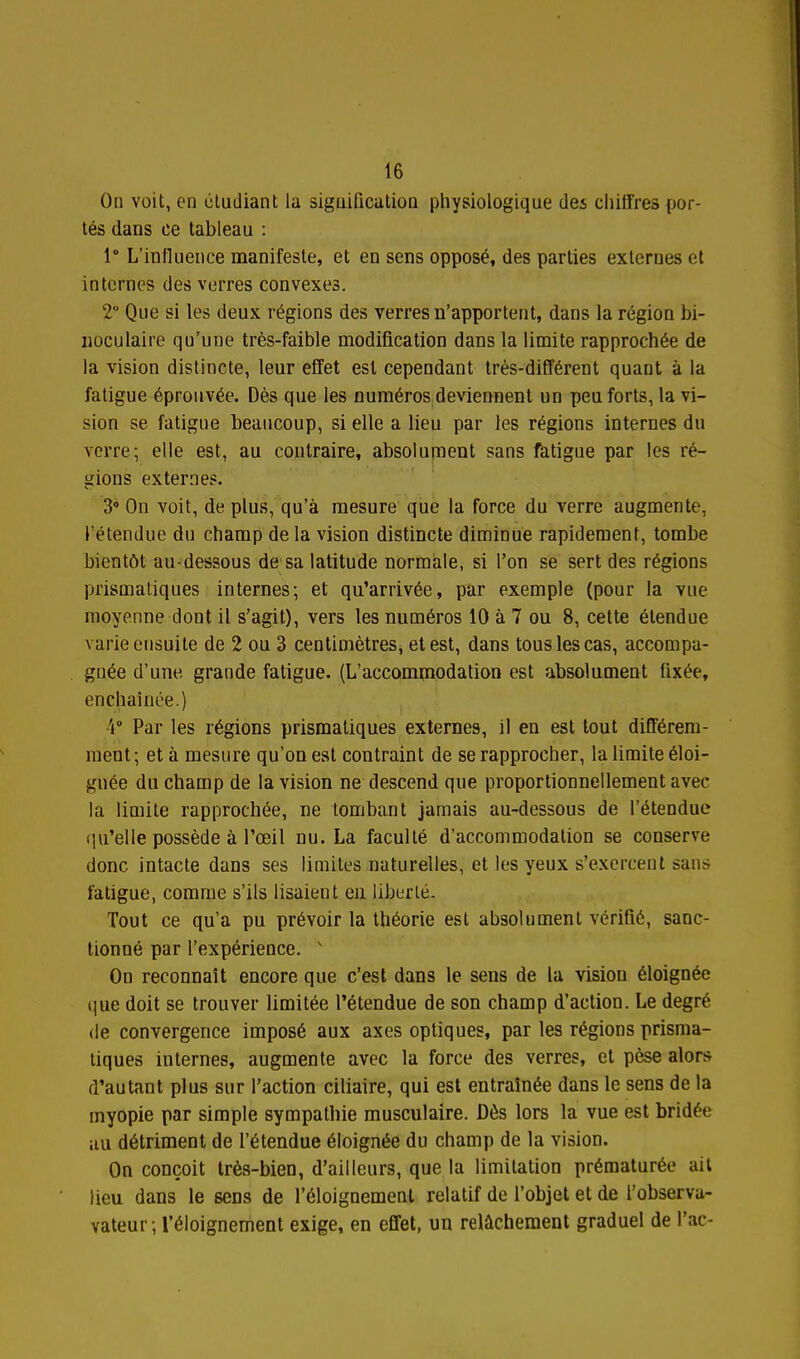 On voit, en étudiant la signification physiologique des chitrres por- tés dans ce tableau : 1° L'influence manifeste, et en sens opposé, des parties externes et internes des verres convexes. 2 Que si les deux régions des verres n'apportent, dans la région bi- noculaire qu'une très-faible modification dans la limite rapprochée de la vision distincte, leur effet est cependant très-différent quant à la fatigue éprouvée. Dès que les numéros deviennent un peu forts, la vi- sion se fatigue beaucoup, si elle a lieu par les régions internes du verre; elle est, au contraire, absolument sans fatigue par les ré- gions externes. 3» On voit, de plus, qu'à mesure que la force du verre augmente, l'étendue du champ de la vision distincte diminue rapidement, tombe bientôt au-dessous de sa latitude normale, si l'on se sert des régions prismatiques internes; et qu'arrivée, par exemple (pour la vue moyenne dont il s'agit), vers les numéros 10 à 7 ou 8, cette étendue varie ensuite de 2 ou 3 centimètres, et est, dans tous les cas, accompa- gnée d'une grande fatigue. (L'accommodation est absolument fixée, enchaînée.} 4° Par les régions prismatiques externes, il en est tout différem- ment; et à mesure qu'on est contraint de se rapprocher, la limite éloi- gnée du champ de la vision ne descend que proportionnellement avec la limite rapprochée, ne tombant jamais au-dessous de l'étendue qu'elle possède à l'œil nu. La faculté d'accommodation se conserve donc intacte dans ses limites naturelles, et les yeux s'exercent sans fatigue, comme s'ils lisaient en liberté. Tout ce qu'a pu prévoir la théorie est absolument vérifié, sanc- tionné par l'expérience. ' On reconnaît encore que c'est dans le sens de la vision éloignée que doit se trouver limitée l'étendue de son champ d'action. Le degré (le convergence imposé aux axes optiques, par les régions prisma- tiques internes, augmente avec la force des verres, et pèse alors d'autant plus sur l'action ciliaire, qui est entraînée dans le sens de la myopie par simple sympathie musculaire. Dès lors la vue est bridée uu détriment de l'étendue éloignée du champ de la vision. On conçoit très-bien, d'ailleurs, que la limitation prématurée ait lieu dans le sens de l'éloignemeni relatif de l'objet et de l'observa- vateur; l'éloignement exige, en effet, un relâchement graduel de l'ac-