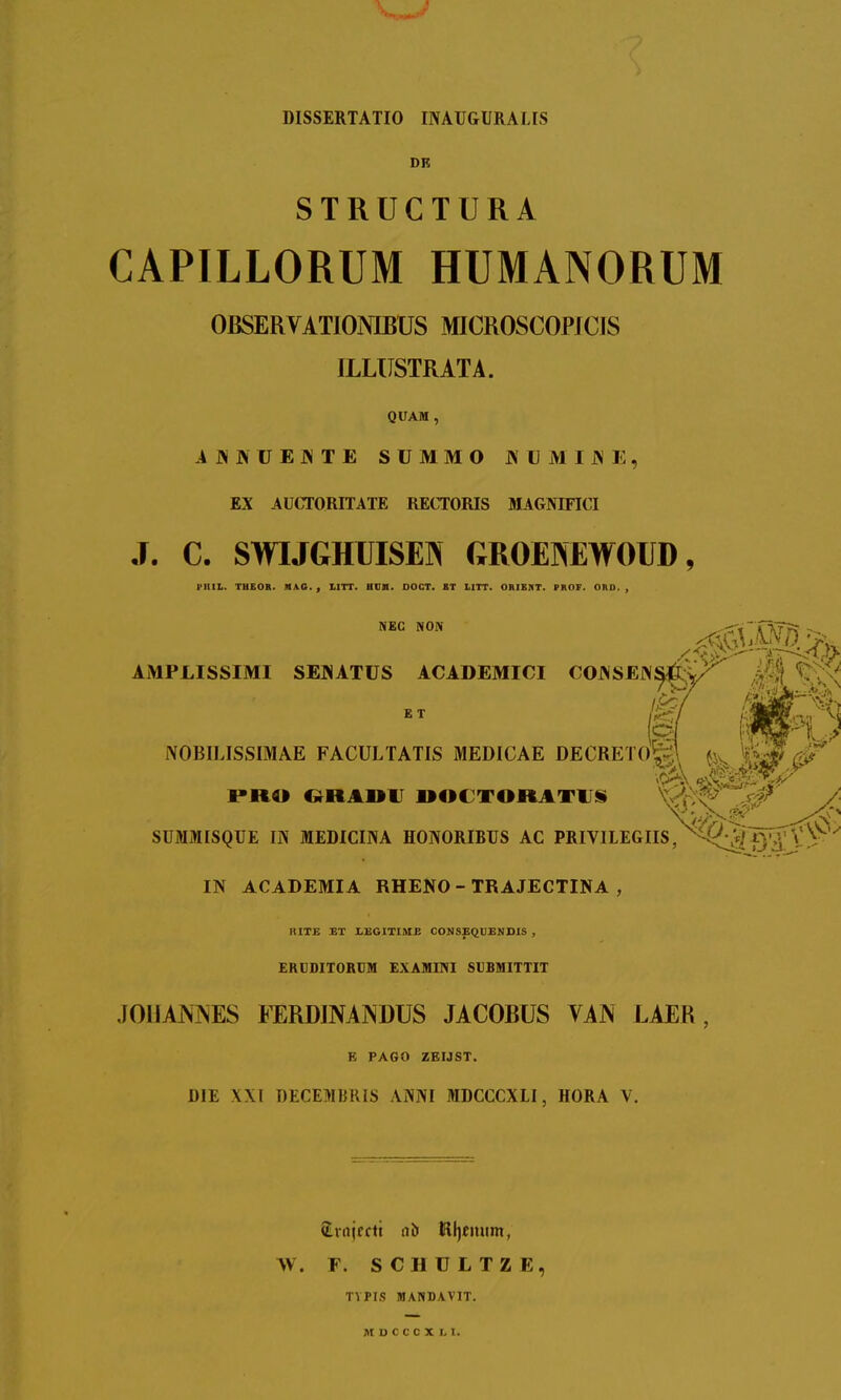 DISSERTATIO INAUGURATIS DB STRUCTURA CAPILLORUM HUMANORUM OBSERVATIONIBUS MICROSCOPJCIS ILLUSTRATA. QUAM , ANNUENTE SUMMO NUMINE, EX AUCTORITATE RECTORIS MAGNIFICI J. C. SWIJGHUISEK GROEMWOUD, PHIL. THEOR. MAG. I UTT. HUM. OOCT. ET LITT. ORIENT. PROF. ORD. , NEC NON AMPLISSIMI SENATUS ACADEMICI CONSEN^;>^  (i NOBILISSIMAE FACULTATIS MEDICAE DECRETOfe\ (jv. ^ PRO ORARII R4ICTORATAS .-w SUMMISQUE IN MEDICINA HONORIBUS AC PRIVILEGIIS,^'^5{:|i5'^' IN ACADEMIA RHENO - TRAJECTINA , RITE £T JLEGITINIB COMSBQUBNDIS , ERUDITORUM EXAMINI SUBMITTIT JOHANPVES FERDINANDUS JACOBUS VAN LAER, E PAGO ZEIJST. DIE XXI DECEMBRIS ANNI MDCCCXLI, HORA V. Projecti nb W. F. SCHULTZE, TYPIS MANDAVIT. MDCCCXLI.