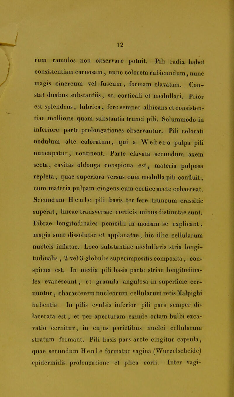 lum ramulos non observare potuit. Pili radix habet consistentiam carnosam, nunc colorem rubicundum, nunc magis cinereum vel fuscum , formam clavatam. Con- stat duabus substantiis, sc. corticali et medullari. Prior est splendens , lubrica , fere semper albicans et consisten- tiae mollioris quam substantia trunci pili. Solummodo in inferiore parte prolongationes observantur. Pili colorati nodulum alte coloratum, qui a Webero pulpa pili nuncupatur, continent. Parte clavata secundum axem secta, cavitas oblonga conspicua est, materia pulposa repleta, quae superiora versus cum medulla pili confluit, cum materia pulpam cingens cum cortice arcte cohaereat. Secundum Henle pili basis ter fere truncum crassitie superat, lineae transversae corticis minus distinctae sunt. Fibrae longitudinales penicilli in modum se explicant, magis sunt dissolutae et applanatae, hic illic cellularum nucleis inflatae. Loco substantiae medullaris stria longi- tudinalis , 2 vel 3 globulis superimpositis composita , con- spicua est. In media pili basis parte striae longitudina- les evanescunt, et granula angulosa in superficie cer- nuntur , characterem nucleorum cellularum retis Malpighi habentia. In pilis evulsis inferior pili pars semper di- lacerata est , et per aperturam exinde ortam bulbi exca- vatio cernitur, in cujus parietibus nuclei cellularum stratum formant. Pili basis pars arcte cingitur capsula, quae secundum Henle formatur vagina (Wurzelscheide) epidermidis prolongatione et [)lica corii. Inter vagi-