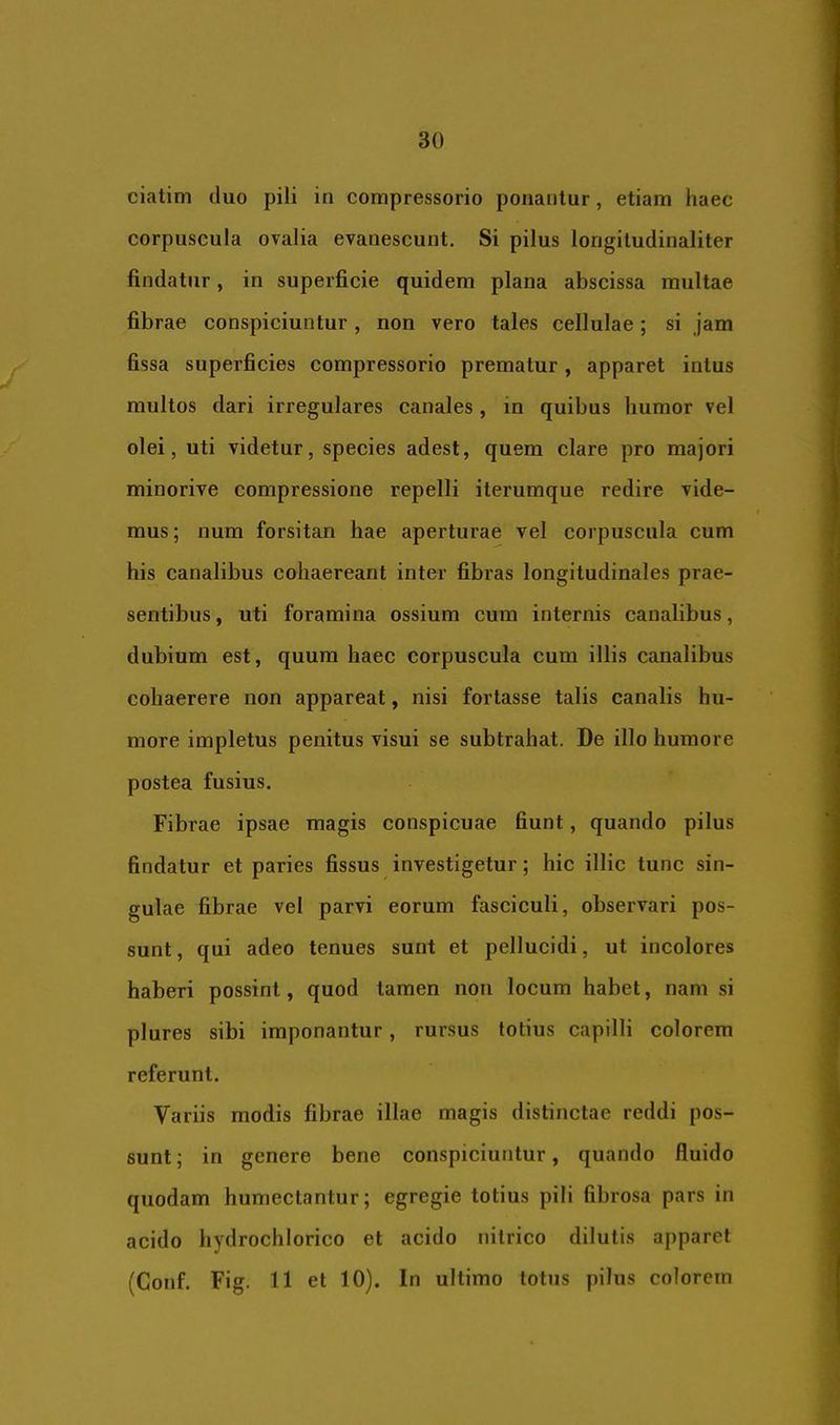 ciatim duo pili in compressorio ponantur, etiam haec corpuscula ovalia evanescunt. Si pilus lorigitudinaliter findatur, in superficie quidem plana abscissa multae fibrae conspiciuntur, non vero tales cellulae; si jam fissa superficies compressorio prematur, apparet intus multos dari irregulares canales, in quibus humor vel olei, uti videtur, species adest, quem clare pro majori minorive compressione repelli iterumque redire vide- mus ; num forsitan hae aperturae vel corpuscula cum his canalibus cohaereant inter fibras longitudinales prae- sentibus, uti foramina ossium cum internis canalibus, dubium est, quum haec corpuscula cum illis canalibus cohaerere non appareat, nisi fortasse talis canalis hu- more impletus penitus visui se subtrahat. De illo humore postea fusius. Fibrae ipsae magis conspicuae fiunt, quando pilus findatur et paries fissus investigetur; hic illic tunc sin- gulae fibrae vel parvi eorum fasciculi, observari pos- sunt , qui adeo tenues sunt et pellucidi, ut incolores haberi possint, quod tamen non locum habet, nam si plures sibi imponantur, rursus totius capilli colorem referunt. Variis modis fibrae illae magis distinctae reddi pos- sunt ; in genere bene conspicinntur, quando fluido quodam humectantur; egregie totius pili fibrosa pars in acido hydrochlorico et acido nitrico dilutis apparet (Conf. Fig. 11 et 10). In ultimo totus pilus colorem