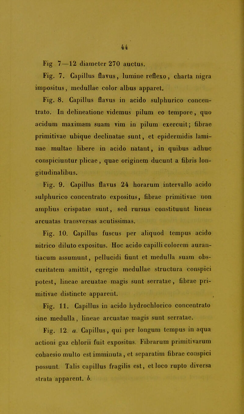 Fig 7—12 diameter 270 auctus. Fig. 7. Capillus flavus, lumine reflexo, charta nigra impositus, medullae color albus apparet. Fig. 8. Capillus flavus in acido sulphurico concen- trato. In delineatione videmus pilum eo tempore, quo acidum maximam suam vim in pilum exercuit; fibrae primitivae ubique declinatae sunt, et epidermidis lami- nae multae libere in acido natant, in quibus adhuc conspiciuntur plicae, quae originem ducunt a fibris lon- gitudinalibus. Fig. 9. Capillus flavus 24 horarum intervallo acido sulphurico concentrato expositus, fibrae primitivae non amplius crispatae sunt, sed rursus constituunt lineas arcuatas transversas acutissimas. Fig. 10, Capillus fuscus per aliquod tempus acido nitrico diluto expositus. Hoc acido capilli colorem auran- tiacum assumunt, pellucidi fiunt et medulla suam obs- curitatem amittit, egregie medullae structura conspici potest, lineae arcuatae magis sunt serratae, fibrae pri- mitivae distincte apparent. Fig. 11. Capillus in acido hydrocblorico concentrato sine medulla, lineae arcuatae magis sunt serratae. Fig. 12. a. Capillus, qui per longum tempus in aqua actioni gaz chlorii fuit expositus. Fibrarum primitivarum cohaesio mullo est imminuta, et separatim fibrae conspici possunt. Talis capillus fragilis est, et loco rupto diversa strata apparent, h.