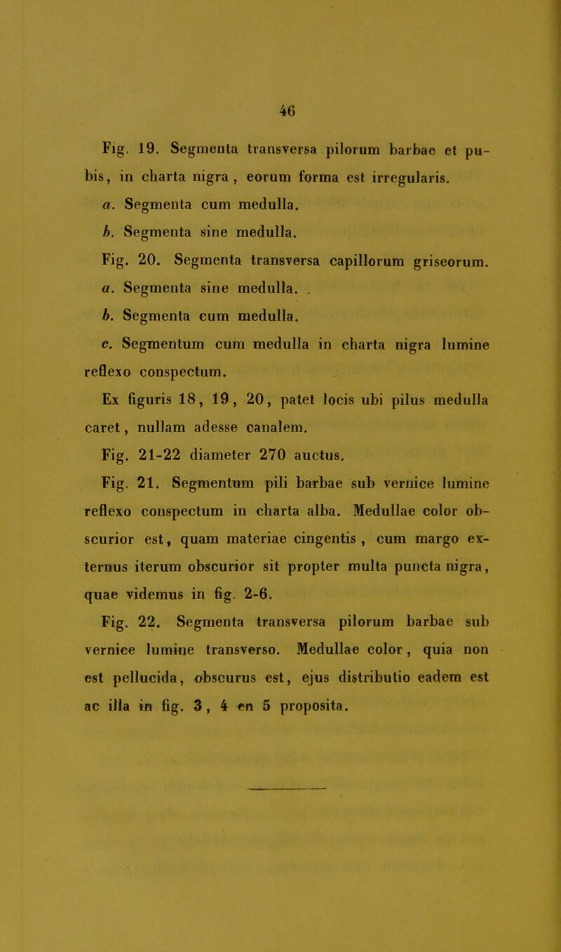 Fig. 19. Segmenta transversa pilorum barbae et pu- bis, in charta nigra, eorum forma est irregularis. a. Segmenta cum medulla. h. Segmenta sine medulla. Fig. 20. Segmenta transversa capillorum griseorum. a. Segmenta sine medulla. . h. Segmenta cum medulla. c. Segmentum cum medulla in charta nigra lumine reflexo conspectum. Ex figuris 18, 19, 20, patet locis ubi pilus medulla caret, nullam adesse canalem. Fig. 21-22 diameter 270 auctus. Fig, 21. Segmentum pili barbae sub vernice lumine reflexo conspectum in charta alba. Medullae color ob- scurior est, quam materiae cingentis, cum margo ex- ternus iterum obscurior sit propter multa puncta nigra, quae videmus in fig. 2-6. Fig. 22. Segmenta transversa pilorum barbae sub vernice lumine transverso. Medullae color, quia non est pellucida, obscurus est, ejus distributio eadem est ac illa in fig. 3, 4 en 5 proposita.