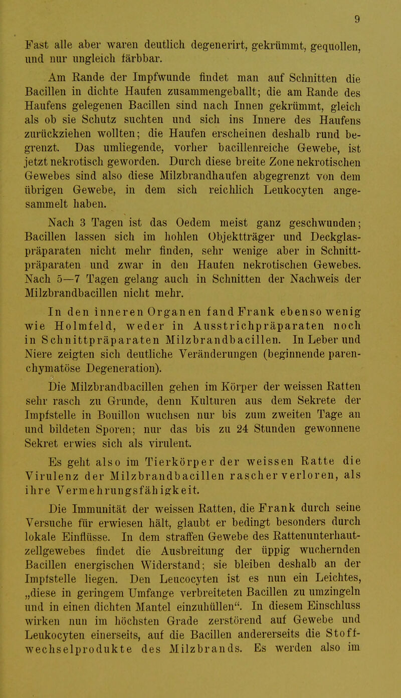 Fast alle aber waren deutlich degenerirt, gekrümmt, gequollen, und nur ungleich färbbar. Am Rande der Impfwunde findet man auf Schnitten die Bacillen in dichte Haufen zusammengeballt; die am Rande des Haufens gelegenen Bacillen sind nach Innen gekrümmt, gleich als ob sie Schutz suchten und sich ins Innere des Haufens zurückziehen wollten; die Haufen erscheinen deshalb rund be- grenzt. Das umliegende, vorher bacillenreiche Gewebe, ist jetzt nekrotisch geworden. Durch diese breite Zone nekrotischen Gewebes sind also diese Milzbrandhaufen abgegrenzt von dem übrigen Gewebe, in dem sich reichlich Leukocyten ange- sammelt haben. Nach 3 Tagen ist das Oedem meist ganz geschwunden; Bacillen lassen sich im hohlen Objektträger und Deckglas- präparaten nicht mehr finden, sehr wenige aber in Schnitt- präparaten und zwar in den Haufen nekrotischen Gewebes. Nach 5—7 Tagen gelang auch in Schnitten der Nachweis der Milzbrandbacillen nicht mehr. In den inneren Organ en fandFrank ebensowenig wie Holmfeld, weder in Ausstrichpräparaten noch in Schnittpräparaten Milzbrandbacillen. In Leber und Niere zeigten sich deutliche Veränderungen (beginnende paren- chymatöse Degeneration). Die Milzbrandbacillen gehen im Körper der weissen Ratten sehr rasch zu Grunde, denn Kulturen aus dem Sekrete der Impfstelle in Bouillon wuchsen nur bis zum zweiten Tage an und bildeten Sporen; nur das bis zu 24 Stunden gewonnene Sekret erwies sich als virulent. Es geht also im Tierkörper der weissen Ratte die Virulenz der Milzbrandbacillen rascher verloren, als ihre Vermehrungsfähigkeit. Die Immunität der weissen Ratten, die Frank durch seine Versuche für erwiesen hält, glaubt er bedingt besonders durch lokale Einflüsse. In dem straffen Gewebe des Rattenunterhaut- zellgewebes findet die Ausbreitung der üppig wuchernden Bacillen energischen Widerstand; sie bleiben deshalb an der Impfstelle liegen. Den Leucocyten ist es nun ein Leichtes, „diese in geringem Umfange verbreiteten Bacillen zu umzingeln und in einen dichten Mantel einzuhüllen. In diesem Einschluss wirken nun im höchsten Grade zerstörend auf Gewebe und Leukocyten einerseits, auf die Bacillen andererseits die Stoff- wechselprodukte des Milzbrands. Es werden also im