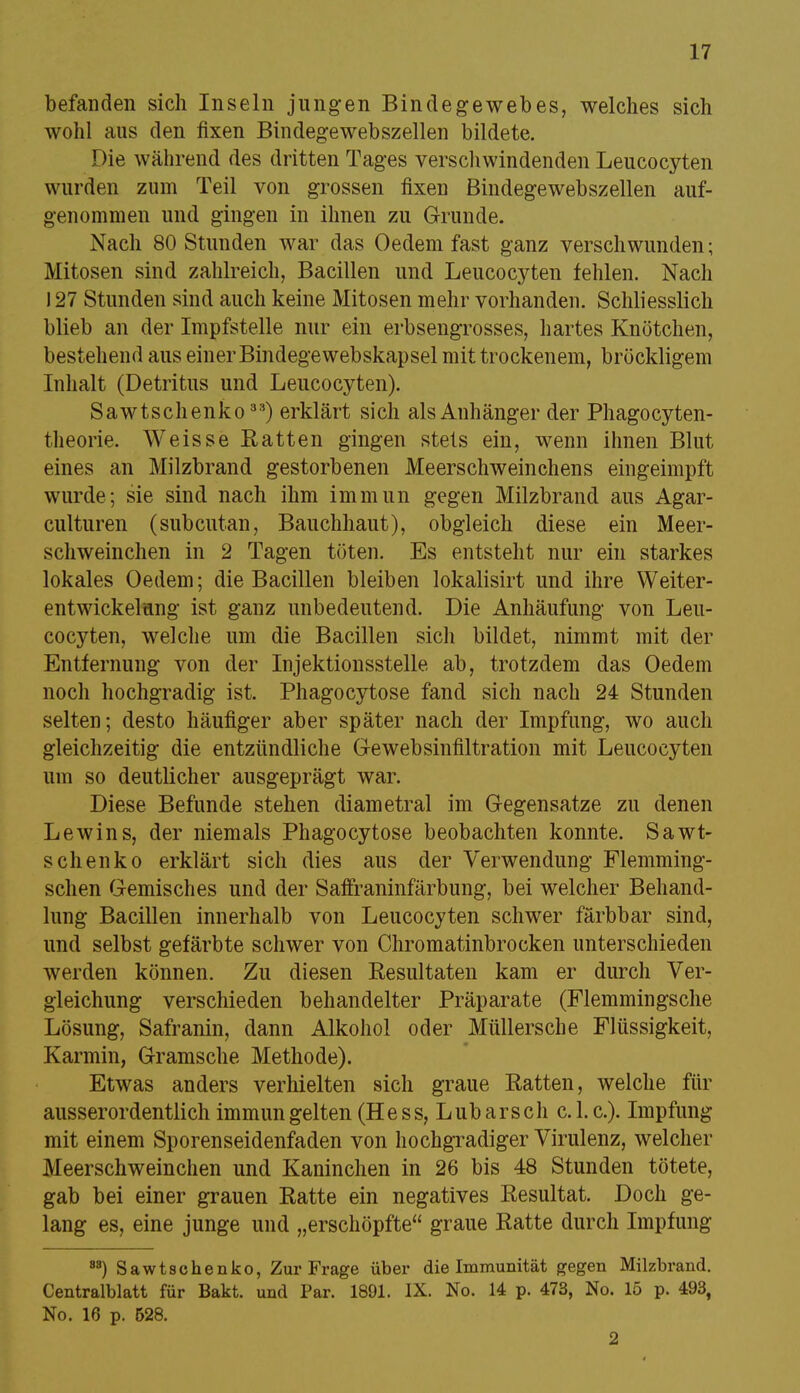 befanden sich Inseln jungen Bindegewebes, welches sich wohl aus den fixen Bindegewebszellen bildete. Die während des dritten Tages verschwindenden Leucocyten wurden zum Teil von grossen fixen Bindegewebszellen auf- genommen und gingen in ihnen zu Grunde. Nach 80 Stunden war das Oedem fast ganz verschwunden; Mitosen sind zahlreich, Bacillen und Leucocyten fehlen. Nach 127 Stunden sind auch keine Mitosen mehr vorhanden. Schliesslich blieb an der Impfstelle nur ein erbsengrosses, hartes Knötchen, bestehend aus einer Bindegewebskapsel mit trockenem, bröckligem Inhalt (Detritus und Leucocyten). Sawtschenko33) erklärt sich als Anhänger der Phagocyten- theorie. Weisse Ratten gingen stets ein, wenn ihnen Blut eines an Milzbrand gestorbenen Meerschweinchens eingeimpft wurde; sie sind nach ihm immun gegen Milzbrand aus Agar- culturen (subcutan, Bauchhaut), obgleich diese ein Meer- schweinchen in 2 Tagen töten. Es entsteht nur ein starkes lokales Oedem; die Bacillen bleiben lokalisirt und ihre Weiter- entwickelung ist ganz unbedeutend. Die Anhäufung von Leu- cocyten, welche um die Bacillen sich bildet, nimmt mit der Entfernung von der Injektionsstelle ab, trotzdem das Oedem noch hochgradig ist. Phagocytose fand sich nach 24 Stunden selten; desto häufiger aber später nach der Impfung, wo auch gleichzeitig die entzündliche Gewebsinfiltration mit Leucocyten um so deutlicher ausgeprägt war. Diese Befunde stehen diametral im Gegensatze zu denen Lewins, der niemals Phagocytose beobachten konnte. Sawt- schenko erklärt sich dies aus der Verwendung Flemming- schen Gemisches und der Saffraninfärbung, bei welcher Behand- lung Bacillen innerhalb von Leucocyten schwer färbbar sind, und selbst gefärbte schwer von Chromatinbrocken unterschieden werden können. Zu diesen Resultaten kam er durch Ver- gleichung verschieden behandelter Präparate (Flemmingsche Lösung, Safranin, dann Alkohol oder Müllersche Flüssigkeit, Karmin, Gramsche Methode). Etwas anders verhielten sich graue Ratten, welche für ausserordentlich immun gelten (Hess, Lubarsch c.l.c). Impfung mit einem Sporenseidenfaden von hochgradiger Virulenz, welcher Meerschweinchen und Kaninchen in 26 bis 48 Stunden tötete, gab bei einer grauen Ratte ein negatives Resultat. Doch ge- lang es, eine junge und „erschöpfte graue Ratte durch Impfung 88) Sawtschenko, Zur Frage über die Immunität gegen Milzbrand. Centraiblatt für Bakt. und Par. 1891. IX. No. 14 p. 473, No. 15 p. 493, No. 16 p. 528. 2