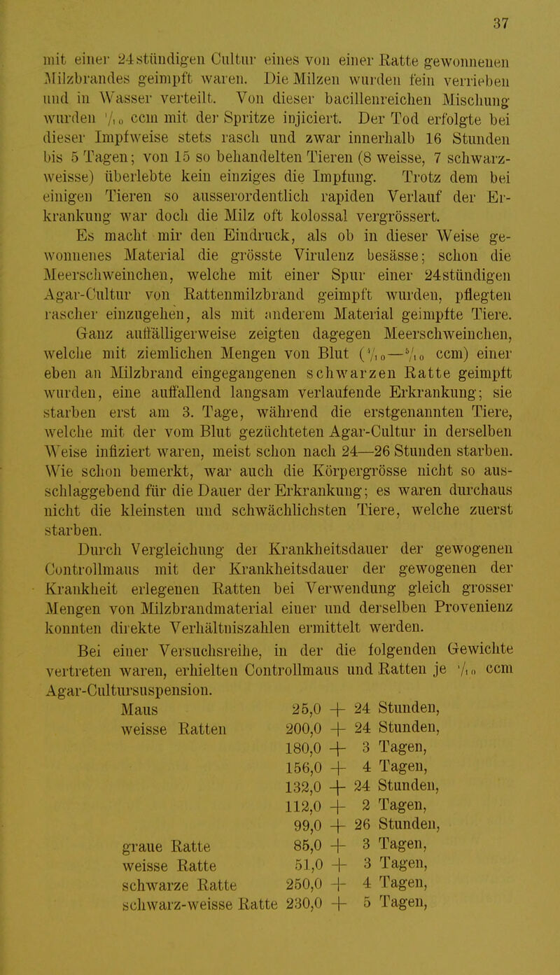 mit einer 24stündigen Clütur eines von einer Ratte gewonnenen Milzbrandes geimpft waren. Die Milzen wurden fein verrieben und in Wasser verteilt. Von dieser bacillenreichen Mischung wurden '/, 0 ccm mit der Spritze injiciert. Der Tod erfolgte bei dieser Impfweise stets rasch und zwar innerhalb 16 Stunden bis 5 Tagen; von 15 so behandelten Tieren (8 weisse, 7 schwarz- weisse) überlebte kein einziges die Impfung. Trotz dem bei einigen Tieren so ausserordentlich rapiden Verlauf der Er- krankung war doch die Milz oft kolossal vergrössert. Es macht mir den Eindruck, als ob in dieser Weise ge- wonnenes Material die grösste Virulenz besässe; schon die Meerschweinchen, welche mit einer Spur einer 24stündigen Agar-Cultur von Rattenmilzbrand geimpft wurden, pflegten rascher einzugehen, als mit anderem Material geimpfte Tiere. Ganz autalligerweise zeigten dagegen Meerschweinchen, welche mit ziemlichen Mengen von Blut (4/,0—5Ao ccm) einer eben an Milzbrand eingegangenen schwarzen Ratte geimpft wurden, eine auffallend langsam verlaufende Erkrankung; sie starben erst am 3. Tage, während die erstgenannten Tiere, welche mit der vom Blut gezüchteten Agar-Cultur in derselben M eise infiziert waren, meist schon nach 24—26 Stunden starben. W ie schon bemerkt, war auch die Körpergrösse nicht so aus- schlaggebend für die Dauer der Erkrankung; es waren durchaus nicht die kleinsten und schwächlichsten Tiere, welche zuerst starben. Durch Vergleichung der Krankheitsdauer der gewogenen Oontrollmaus mit der Krankheitsdauer der gewogenen der Krankheit erlegenen Ratten bei Verwendung gleich grosser Mengen von Milzbrandmaterial einer und derselben Provenienz konnten direkte Verhältniszahlen ermittelt werden. Bei einer Versuchsreihe, in der die folgenden Gewichte vertreten waren, erhielten Controllmaus und Ratten je 7, „ ccm Agar-Cultursuspension. Maus weisse Ratten graue Ratte weisse Ratte schwarze Ratte sehwarz-weisse Ratte 25,0 -|- 24 Stunden, 200,0 -f 24 Stunden, 180,0 + 3 Tagen, 156,0 -f 4 Tagen, 132,0 + 24 Stunden, 112,0 + 2 Tagen, 99,0 + 26 Stunden, 85,0 -h 3 Tagen, 51,0 + 3 Tagen, 250,0 + 4 Tagen, 230,0 -j- 5 Tagen,