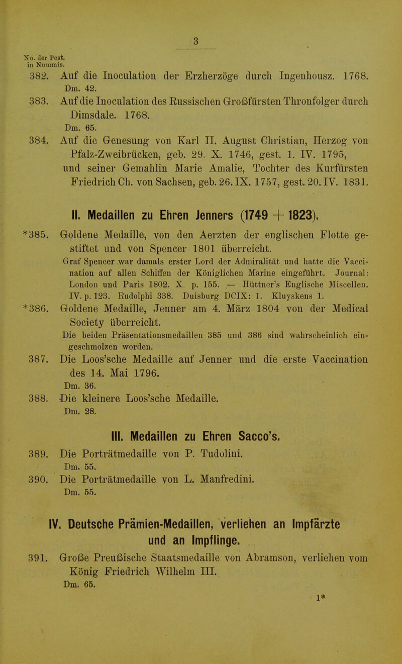 No. der Pest in Nnramis. 382. Auf die Inoculation der Erzherzöge durch lugenhousz. 1768. Dm. 42. 383. Auf die Inoculation des Russischen Großfürsten Thronfolger durch Dirasdale. 1768. Dm. 65. 384. Auf die Genesung von Karl II, August Christian, Herzog von Pfalz-Zweibrücken, geb. 29. X. 1746, gest. 1. IV. 1795, und seiner Gemahlin Marie Amalie, Tochter des Kurfürsten Friedrich Ch. von Sachsen, geb. 26. IX. 1757, gest. 20. IV. 1831. II. Medaillen zu Ehren Jenners (1749 +1823). Goldene Medaille, von den Aerzten der englischen Flotte ge- stiftet und von Spencer 1801 überreicht. Graf Spencer «war damals erster Lord der Admiralität und hatte die Vacci- nation auf allen Schiffen der Königlichen Marine eingeführt. Journal: London und Paris 1802. X. p. 155. — Hüttner's Englische Miscellen. IV. p. 123. Rudolphi 338. Duisburg DCIX: 1. Kluyskens 1. Goldene Medaille, Jenner am 4. März 1804 von der Medical Society überreicht. Die beiden Präsentationsmedaillen 385 und 386 sind wahrscheinlich ein- geschmolzen worden. Die Loos'sche Medaille auf Jenner und die erste Vaccination des 14. Mai 1796. Dm. 36. •Die kleinere Loos'sche Medaille. Dm. 28. III. Medaillen zu Ehren Sacco's. Die Porträtmedaille von P. Tudolini. Dm. 55. Die Porträtmedaille von L. Manfredini. Dm. 55. IV. Deutsche Prämien-Medaillen, verliehen an Impfärzte und an Impflinge. 391. Große Preußische Staatsmedaille von Abramson, verliehen vom König Friedrich Wilhelm III. Dm. 66. 1* *385. *386. 387. 388. 389. 390.