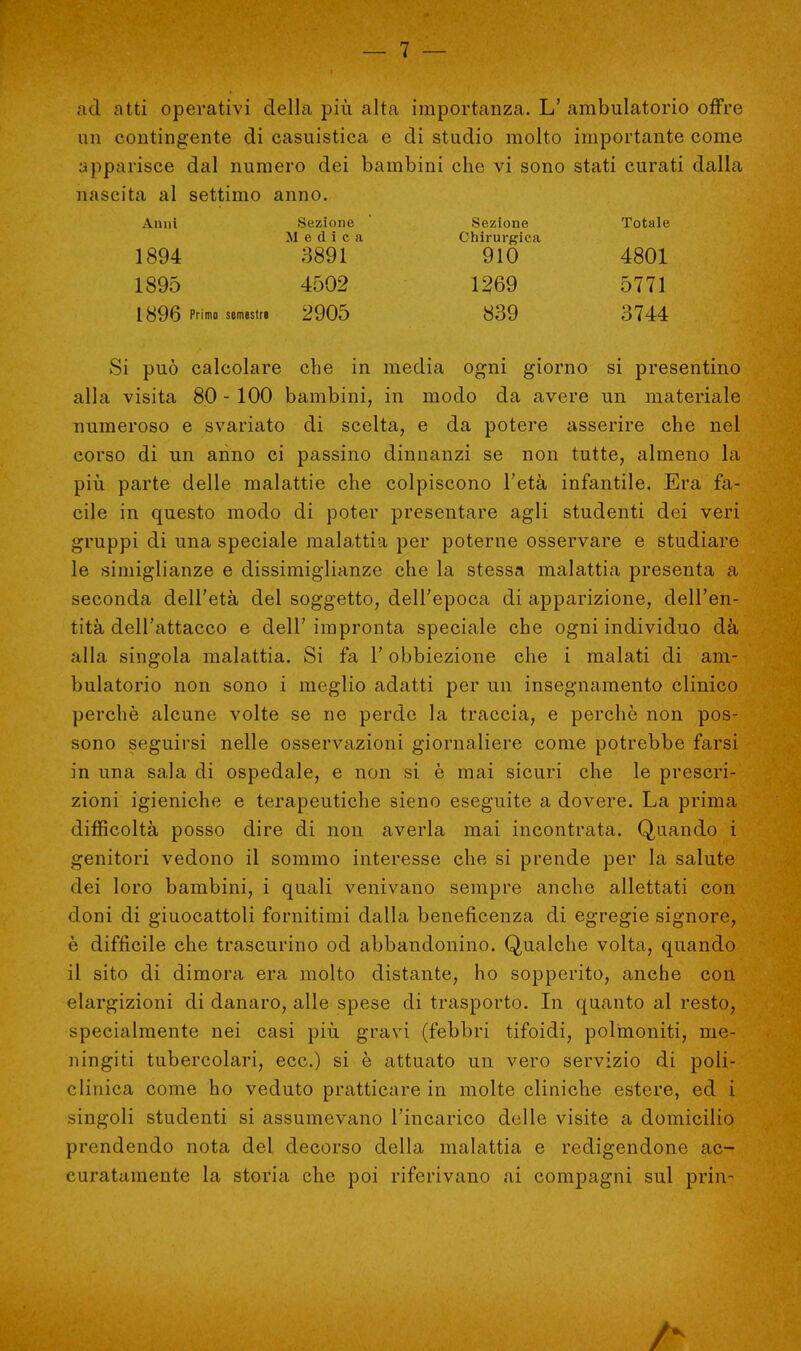 ad atti operativi della più alta importanza. L' ambulatorio offre un contingente di casuistica e dì studio molto importante come apparisce dal numero dei bambini che vi sono stati curati dalla nascita al settimo anno. Anni Sezione Sezione Totale M e d i c a Chirurgica 1894 3891 910 4801 1895 4502 1369 5771 1896 Primo semestre 2905 839 3744 Si può calcolare che in media ogni giorno si presentino alla visita 80 - 100 bambini, in modo da avere un materiale numeroso e svariato di scelta, e da potere asserire che nel corso di un anno ci passino dinnanzi se non tutte, almeno la più parte delle malattie che colpiscono l'età infantile. Era fa- cile in questo modo di poter presentare agli studenti dei veri gruppi di una speciale malattia per poterne osservare e studiare le siiniglianze e dissimiglianze che la stessa malattia presenta a seconda dell'età del soggetto, dell'epoca di apparizione, dell'en- tità dell'attacco e dell'impronta speciale che ogni individuo dà alla singola malattia. Si fa l'obbiezione che i malati di am- bulatorio non sono i meglio adatti per un insegnamento clinico perchè alcune volte se ne perde la traccia, e perchè non pos- sono seguirsi nelle osservazioni giornaliere come potrebbe farsi in una sala di ospedale, e non si è mai sicuri che le prescri- zioni igieniche e terapeutiche sieno eseguite a dovere. La prima difficoltà posso dire di non averla mai incontrata. Quando i genitori vedono il sommo interesse che si prende per la salute dei loro bambini, i quali venivano sempre anche allettati con doni di giuocattoli fornitimi dalla beneficenza di egregie signore, è difficile che trascurino od abbandonino. Qualche volta, quando il sito di dimora era molto distante, ho sopperito, anche con elargizioni di danaro, alle spese di trasporto. In quanto al resto, specialmente nei casi più gravi (febbri tifoidi, polmoniti, me- ningiti tubercolari, ecc.) si è attuato un vero servizio di poli- clinica come ho veduto pratticare in molte cliniche estere, ed i singoli studenti si assumevano l'incarico delle visite a domicilio prendendo nota del decorso della malattia e redigendone ac- curatamente la storia che poi riferivano ai compagni sul prin- A