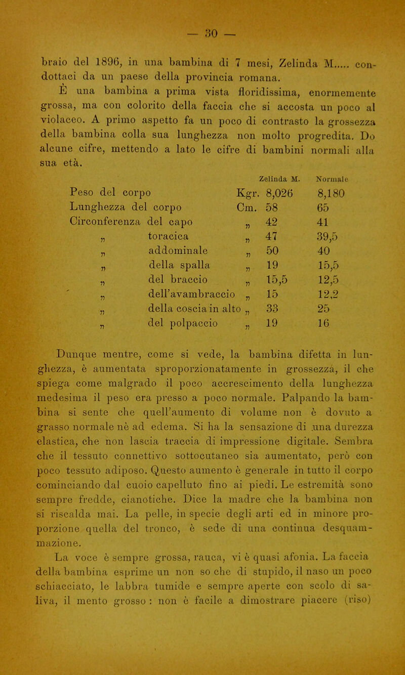 braio del 1896, in una bambina di 7 mesi, Zelinda M con- dottaci da un paese della provincia romana. E una bambina a prima vista floridissima, enormemente grossa, ma con colorito della faccia che si accosta un poco al violaceo. A primo aspetto fa un poco di contrasto la grossezza della bambina colla sua lunghezza non molto progredita. Do alcune cifre, mettendo a lato le cifre di bambini normali alla sua età. Zelinda M. Nonnaie Peso del corpo Kgr . 8,026 8,180 Lunghezza del corpo Cm. 58 65 Circonferenza del capo h 42 41 n toracica n 47 39,5 r> addominale n 50 40 n della spalla n 19 15,5 n del braccio T) 15,5 12,5 r> dell'avambraccio n 15 12,2 ji della coscia in alto „ 33 25 del polpaccio n 19 16 Dunque mentre, come si vede, la bambina difetta in lun- ghezza, è aumentata sproporzionatamente in grossezza, il che spiega come malgrado il poco accrescimento della lunghezza medesima il peso era presso a poco normale. Palpando la bam- bina si sente che quell'aumento di volarne non è dovuto a grasso normale nè ad edema. Si ha la sensazione di .una durezza elastica, che non lascia traccia di impressione digitale. Sembra che il tessuto connettivo sottocutaneo sia aumentato, però con poco tessuto adiposo. Questo aumento è generale in tutto il corpo cominciando dal cuoio capelluto fino ai piedi. Le estremità sono sempre fredde, cianotiche. Dice la madre che la bambina non si riscalda mai. La pelle, in specie degli arti ed in minore pro- porzione quella del tronco, è sede di una continua desquam- mazione. La voce è sempre grossa, rauca, vi è quasi afonia. La faccia della bambina esprime un non so che di stupido, il naso un poco schiacciato, le labbra tumide e sempre aperte con scolo di sa- liva, il mento grosso : non è facile a dimostrare piacere (riso)