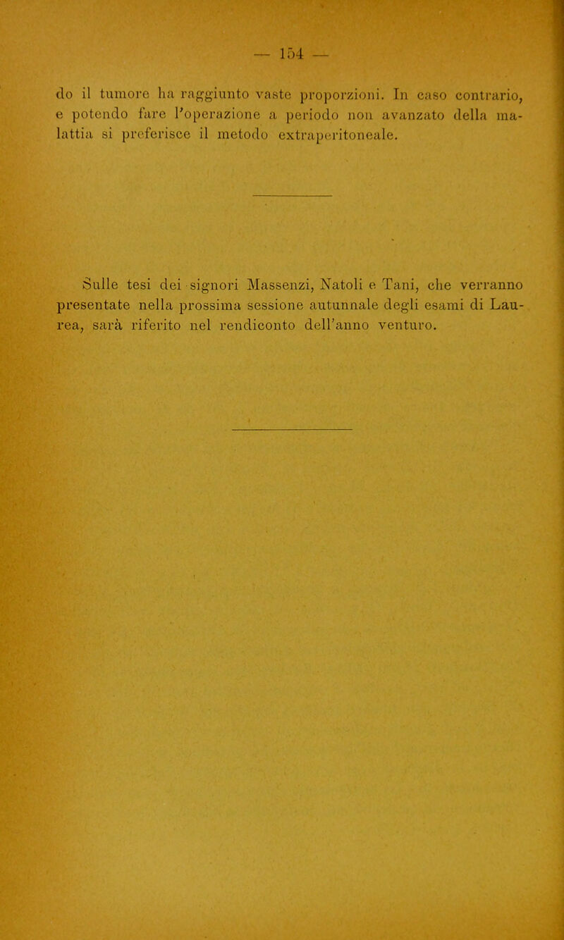 do il tumore ha raggiunto vaste proporzioni. In caso contrario, e potendo fare l'operazione a periodo non avanzato della ma- lattia si preferisce il metodo extrapttritoneale. Sulle tesi dei signori Massenzi, Natoli e Tani, che verranno presentate nella prossima sessione autunnale degli esami di Lau- rea, sarà riferito nel rendiconto dell'anno venturo.