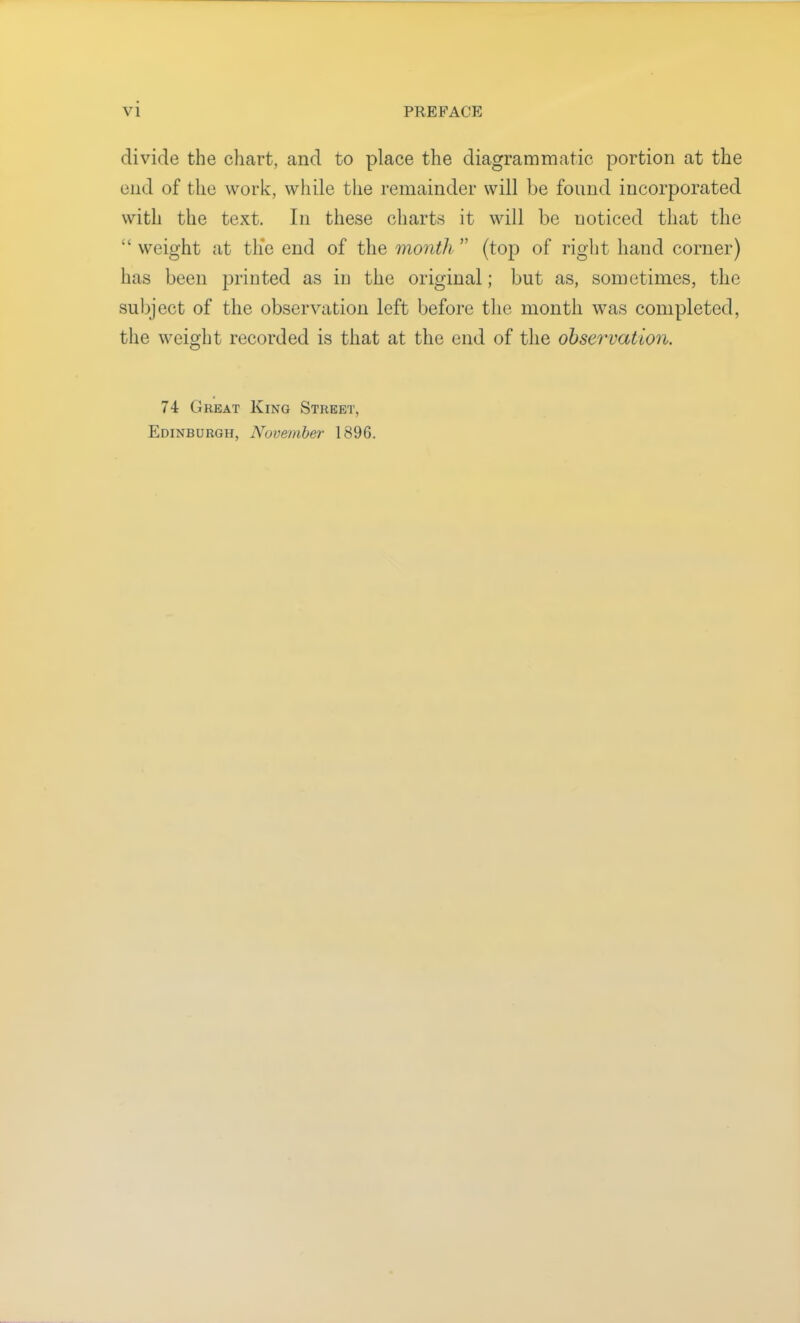 vi PREFACE divide the chart, and to place the diagrammatic portion at the end of the work, while the remainder will be found incorporated with the text. In these charts it will be noticed that the  weight at the end of the month  (top of right hand corner) has been printed as in the original; but as, sometimes, the subject of the observation left before the month was completed, the weight recorded is that at the end of the observation. 74 Great King Street, Edinburgh, November- 1896.