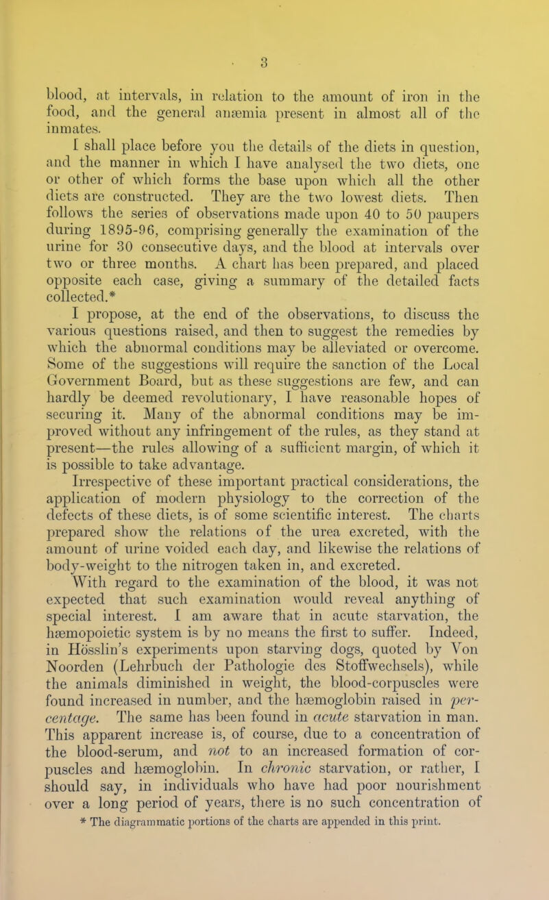 blood, at iDtervals, in relation to tlie amonnt of iron in the food, and the general anaemia present in almost all of the inmates. r shall place before you the details of the diets in question, and the manner in which I have analysed the two diets, one or other of which forms the base upon which all the other diets are constructed. They are the two lowest diets. Then follows the series of observations made upon 40 to 50 paupers during 1895-96, comprising generally the examination of the urine for 30 consecutive days, and the blood at intervals over tw^o or three months. A chart has been prepared, and placed opposite each case, giving a summary of the detailed facts collected.* I propose, at the end of the observations, to discuss the various questions raised, and then to suggest the remedies by which the abnormal conditions may be alleviated or overcome. Some of the suggestions will require the sanction of the Local Government Board, but as these suggestions are few, and can hardly be deemed revolutionary, I have reasonable hopes of securing it. Many of the abnormal conditions may be im- proved without any infringement of the rules, as they stand at present—the rules allowing of a sufficient margin, of which it is possible to take advantage. Irrespective of these important practical considerations, the application of modern physiology to the correction of the defects of these diets, is of some scientific interest. The charts prepared show the relations of the urea excreted, with the amount of urine voided each day, and likewise the relations of body-weight to the nitrogen taken in, and excreted. With regard to the examination of the blood, it was not expected that such examination would reveal anything of special interest. I am aware that in acute starvation, the hsemopoietic system is by no means the first to suffer. Indeed, in Hosslin's experiments upon starving dogs, quoted by Von Noorden (Lehrbuch der Pathologic des Stoffwechsels), while the animals diminished in weight, the blood-corpuscles were found increased in number, and the hsemoglobin raised in 'per- centage. The same has been found in acute starvation in man. This apparent increase is, of course, due to a concentration of the blood-serum, and not to an increased formation of cor- puscles and haemoglobin. In chronic starvation, or rather, I should say, in individuals who have had poor nourishment over a long period of years, there is no such concentration of * The diagrammatic portions of the charts are api^ended in this print.