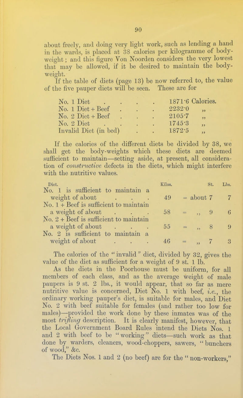 about freely, and doing very light work, such as lending a hand in the wards, is placed at 38 calories per kilogramme of body- weight ; and this figure Von Noorden considers the very lowest that may be allowed, if it be desired to maintain the body- weight. If the table of diets (page 13) be now referred to, the value of the five pauper diets will be seen. These are for No. 1 Diet .... 1871-6 Calories. No. 1 Diet + Beef . . . 2232-0 No. 2 Diet + Beef . . . 21057 No. 2 Diet . . . . 1745*3 Invalid Diet (in bed) . . 1872*5 If the calories of the dijBferent diets be divided by 38, we shall get the body-weights which these diets are deemed sufficient to maintain—setting aside, at present, all considera- tion of constructive defects in the diets, which might interfere with the nutritive values. Diet. Kilos. St. Lbs. No. 1 is sufficient to maintain a weight of about 49 = about 7 7 No. 1 + Beef is sufficient to maintain a weight of about 58 = „ 9 6 No. 2 + Beef is sufficient to maintain a weight of about 55 = „ 8 9 No. 2 is sufficient to maintain a weight of about 46 = „ 7 3 The calories of the  invalid  diet, divided by 32, gives the value of the diet as sufficient for a weight of 9 st. 1 lb. As the diets in the Poorhouse must be uniform, for all members of each class, and as the average weight of male paupers is 9 st. 2 lbs., it would appear, that so far as mere nutritive value is concerned, Diet No. 1 with beef, i.e., the ordinary working pauper's diet, is suitable for males, and Diet No. 2 with beef suitable for females (and rather too low for males)—provided the work done by these inmates was of the most trifling description. It is clearly manifest, however, that the Local Government Board Rules intend the Diets Nos. 1 and 2 with beef to be working diets—such work as that done by warders, cleaners, wood-choppers, sawers,  bunchers of wood, &c. The Diets Nos. 1 and 2 (no beef) are for the  non-workers,