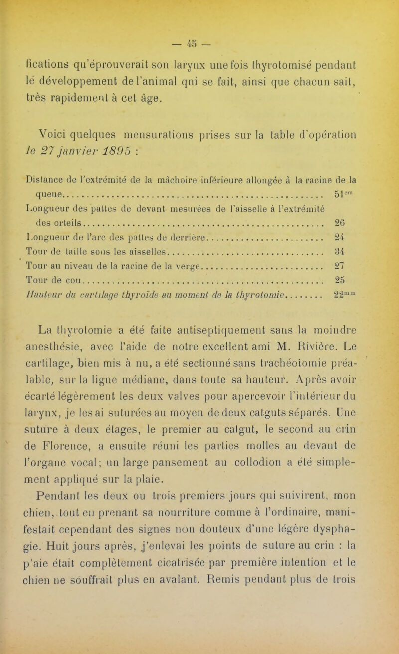 ûcalions qu'éprouverait son larynx une fois thyrotomisé pendant lé développement de l'animal qni se fait, ainsi que chacun sait, très rapidemeiit à cet âge. Voici quelques mensurations pi'ises sur la table d'opération le 27 janvier i89b : Distance de l'extrémité de la mâchoire inférieure allongée à la racine de la queue 51'^' Longueur des pattes de devant mesurées de l'aisselle à rextrémilé des orteils 26 Longueur de l'arc des pattes de derrière 24 Tour de taille sous les aisselles 34 Tour au niveau de la racine de la verge 27 Tour de cou 25 Hauteur du cartilage thyroïde au moment de la Ibyrolomie 22™™ La tliyrolomie a été faite antiseptiquement sans la moindi'e anesthésie, avec l'aide de notre excellent ami M. Rivière. Le cartilage, bien mis à nu, a été sectionné sans trachéotomie préa- lable, sur la ligne médiane, dans toute sa hauteur. Après avoir écar-lé légèrement les deux valves poui- apercevoir l'intérieur du larynx, je lésai suturées au moyen de deux catguts séparés. Une suture à deux étages, le premier au calgut, le second au crin de Florence, a ensuite réuni les parties molles au devant de l'organe vocal; un large pansement au collodion a été simple- ment appliqué sur la plaie. Pendant les deux ou ti'ois premiers jours qui suivirent, mon chien,.tout en prenant sa nourriture comme à l'ordinaire, mani- festait cependant des signes non douteux d'une légère dyspha- gie. Huit jours après, j'enlevai les points de sutui-eau crin : la p'aie était complètement cicatrisée par première intention et le chien ne souffrait plus en avalant. Remis pendant plus de trois