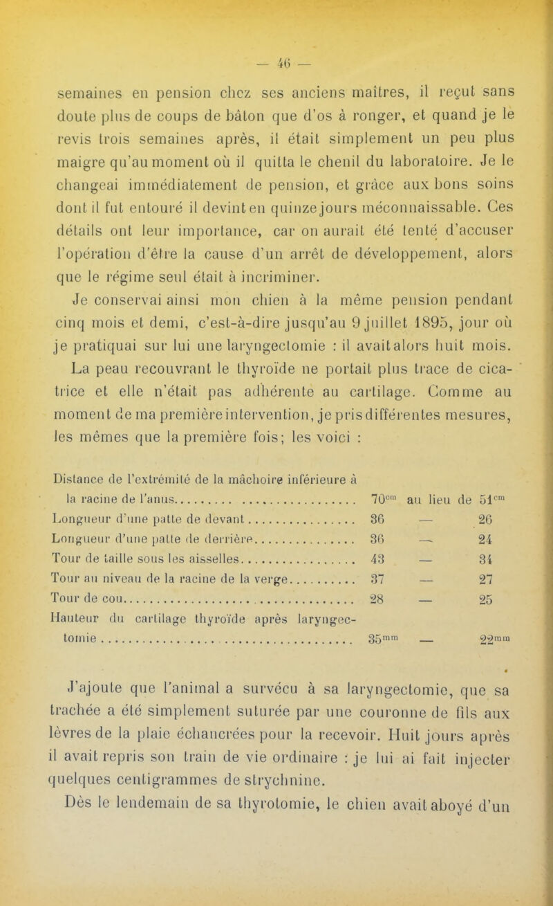 - 40 — semaines en pension chez ses anciens maîtres, il reçut sans doute plus de coups de bâton que d'os à ronger, et quand je le revis trois semaines après, il était simplement un peu plus maigre qu'au moment oii il quitta le chenil du laboratoire. Je le changeai immédiatement de pension, et gi'àce aux bons soins dont il fut entouré il devint en quinze jours méconnaissable. Ces détails ont leur importance, car on aurait été (enté d'accuser l'opération d'être la cause d'un arrêt de développement, alors que le régime seul était à incriminer. Je conservai ainsi mon chien à la même pension pendant cinq mois et demi, c'est-à-dire jusqu'au 9 juillet 1895, jour oii je pratiquai sur lui une laryngectomie : il avaitalors huit mois. La peau recouvrant le thyroïde ne portail plus trace de cica- trice et elle n'était pas adhérente au cartilage. Comme au moment de ma première intervention, je pris différentes mesures, les mêmes que la première fois; les voici : Dislance de l'exli'éinilé de la mâchoire inférieure à la racine de l'anus 70*^' au lieu de SI'™ Longueur d'une patte de devant 36 — 26 Lnnt^ueur d'une patte de derrière 36 — 24 Tour de taille sous les aisselles 43 — 34 Tour au niveau de la racine de la verge 37 — 27 Tour de cou 28 — 25 Hauteur du cartilage thyroïde après laryngec- tomie 35'™ 22™ J'ajoute que l'animal a survécu à sa laryngectomie, que sa trachée a été simplement suturée par une couronne de fils aux lèvres de la plaie échancrées pour la recevoir. Huit jours après il avait repris son train de vie ordinaire : je lui ai fait injecter quelques centigi-ammes de strychnine. Dès le lendemain de sa thyrotomie, le chien avait aboyé d'un