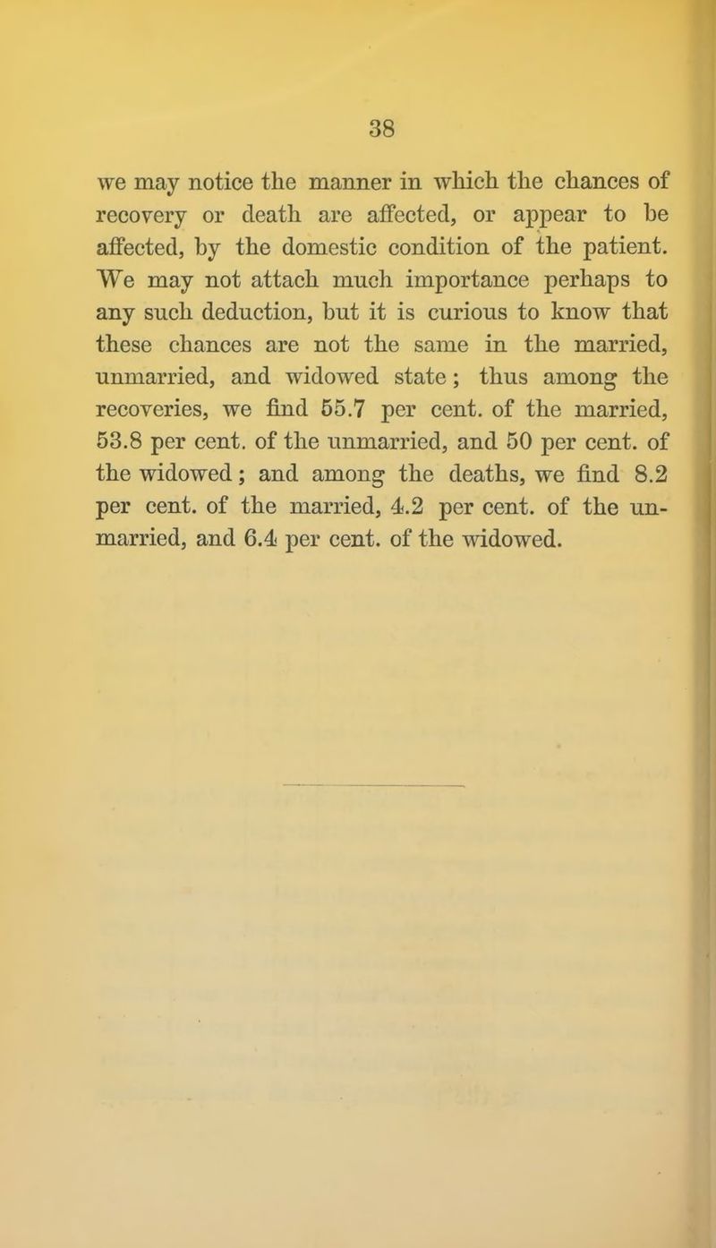 we may notice the manner in which the chances of recoYery or death are affected, or appear to be affected, by the domestic condition of the patient. We may not attach much importance perhaps to any such deduction, but it is curious to know that these chances are not the same in the married, unmarried, and widowed state; thus among the recoveries, we find 55.7 per cent, of the married, 53.8 per cent, of the unmarried, and 50 per cent, of the widowed; and among the deaths, we find 8.2 per cent, of the married, 4.2 per cent, of the un- married, and 6.4i per cent, of the widowed.