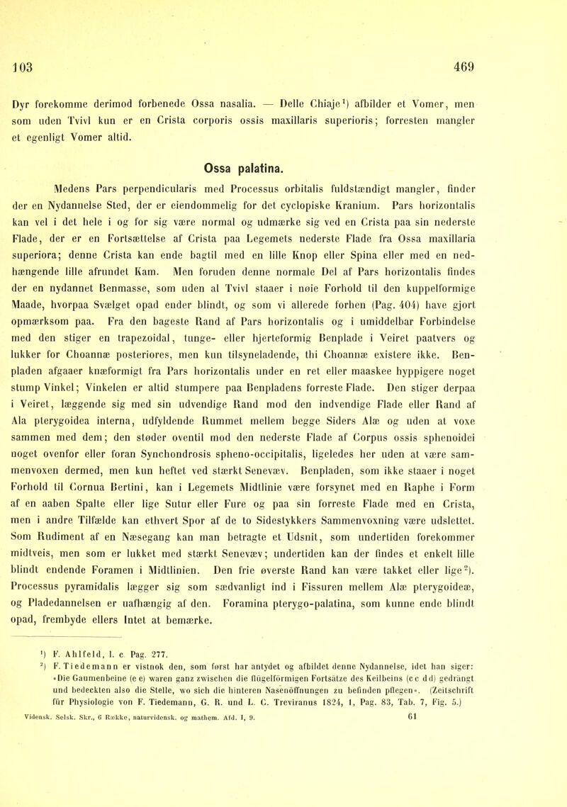 Dyr forekomme derimod forbenede Ossa nasalia. — Delle Chiaje* *) afbilder et Vomer, men som uden Tvivl kun er en Crista corporis ossis maxillaris superioris; forresten mangler et egenligt Vomer altid. Ossa palatina. Medens Pars perpendicularis med Processus orbitalis fuldstændigt mangler, finder der en Nydannelse Sted, der er eiendommelig for det cyclopiske Kranium. Pars horizontalis kan vel i det hele i og for sig være normal og udmærke sig ved en Crista paa sin nederste Flade, der er en Fortsættelse af Crista paa Legemets nederste Flade fra Ossa maxillaria superiora; denne Crista kan ende bagtil med en lille Knop eller Spina eller med en ned- hængende lille afrundet Kam. Men foruden denne normale Del af Pars horizontalis findes der en nydannet Benmasse, som uden al Tvivl staaer i nøle Forhold til den kuppelformige Maade, hvorpaa Svælget opad ender blindt, og som vi allerede forhen (Pag. 404) have gjort opmærksom paa. Fra den bageste Rand af Pars horizontalis og i umiddelbar Forbindelse med den stiger en trapezoidal, tunge- eller hjerteformig Benplade i Veiret paatvers og lukker for Choannæ posteriores, men kun tilsyneladende, thi Clioanuæ existere ikke. Ben- pladen afgaaer knæformigt fra Pars horizontalis under en ret eller maaskee hyppigere noget stump Vinkel; Vinkelen er altid stumpere paa Benpladens forreste Flade. Den stiger derpaa i Veiret, læggende sig med sin udvendige Rand mod den indvendige Flade eller Rand af Ala pterygoidea interna, udfyldende Rummet mellem begge Siders Alæ og uden at voxe sammen med dem; den støder oventil mod den nederste Flade af Corpus ossis sphenoidei noget ovenfor eller foran Synchondrosis spheno-occipitalis, ligeledes her uden at være sam- menvoxen dermed, men kun heftet ved stærkt Senevæv. Benpladen, som ikke staaer i noget Forhold til Cornua Bertini, kan i Legemets Midtlinie være forsynet med en Raphe i Form af en aaben Spalte eller lige Sutur eller Fure og paa sin forreste Flade med en Crista, men i andre Tilfælde kan ethvert Spor af de to Sidestykkers Sammenvoxning være udslettet. Som Rudiment af en Næsegang kan man betragte et Udsnit, som undertiden forekommer midtveis, men som er lukket med stærkt Senevæv; undertiden kan der lindes et enkelt lille blindt endende Foramen i Midtlinien. Den frie øverste Rand kan være takket eller lige^). Processus pyramidalis lægger sig som sædvanligt ind i Fissuren mellem Alæ pterygoideæ, og Pladedannelsen er uafhængig af den. Foramina pterygo-palatina, som kunne ende blindt opad, frembyde ellers Intet at bemærke. M F. Ahlfeld, I. c Pag. 277. F. Tiedemann er vistnok den, som først har antydet og afbildet denne Nydannelse, idet han siger: • Die Gaumenbeine (e e) waren ganz zwisclien die llngelformigen Fortsiitze des Keilbeins (c c dd) gedriingt und bedeckten also die Stelle, wo sich die hinteren NasenolTnungen zu befinden ptlegen«. (Zeitschrift flir Physiologie von F. Tiedemann, G. R. und L. C. Treviranus 1824, 1, Pag. 83, Tab. 7, Fig. 5.) 61 Vidensk. Selsk. Skr., 6 Række, naturvidonsk. og matliem. Afd. I, 9.