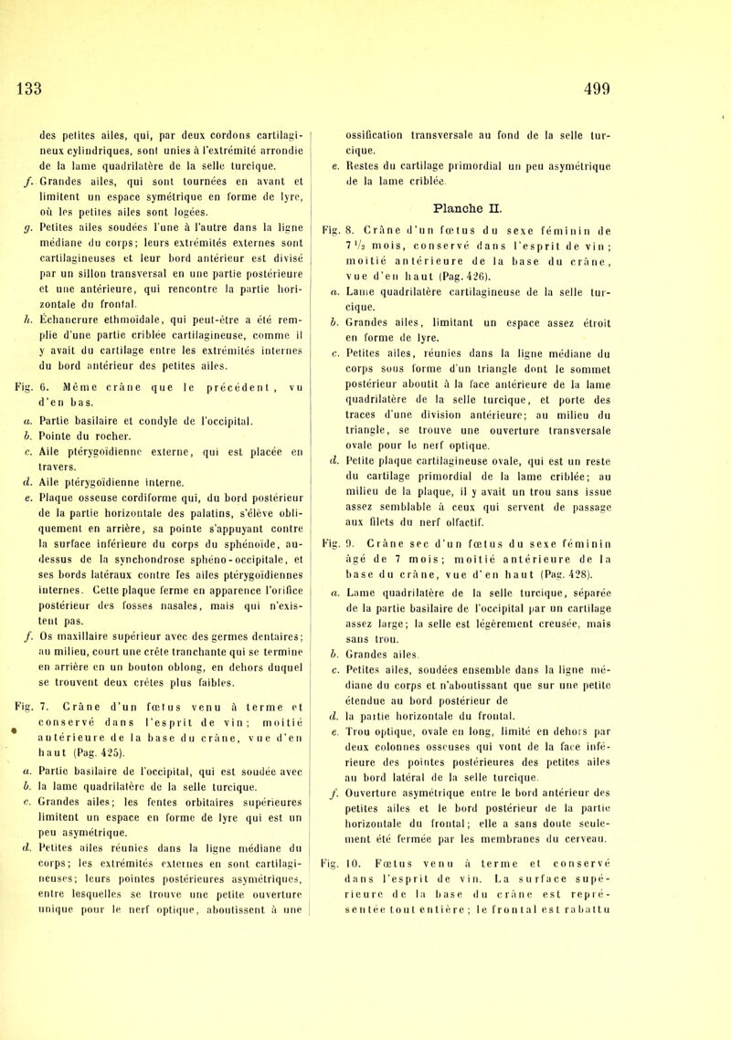 (les pelites alles, qui, par deux cordons carlilagi- neux cyliiidriques, soul unies il l’exlrémité arrondie de la lame quadrilatére de la sello turcique. /. Grandes alles, qui soul lournées en avant et limitent un espace symétrique en forme de lyre, ou les petiies alles sont logées. g. Petites alles soudées l’une å l’autre dans la ligne médiane du corps; leurs extiémités externes sont cartilagineuses et leur bord antérieur est divisé par un sillon transversal en une partie postérieuie et une antérieure, qui rencontre la partie liori- zontale du frontal. h. lichancrure ethmoidale, qui peut-étre a été rem- plie d'une partie criblée cartilagineuse, comme il y avait du cartilage entre les extrémités internes du bord antérieur des petites ailes. Fig. 6. Méme c rime que le précédent, vu d’en bas. a. Partie basilaire et condyle de l’occipital. h. Pointe du rocher. c. Aile ptérygoidienne externe, qui est placée en travers. d. Aile ptérygoidienne interne. e. Plaque osseuse cordiforme qui, du bord postérieur de la partie horizontale des palatins, s’éléve obli- quement en arriére, sa pointe s'appuyant contre la surface inférieure du corps du spliénoide, au- dessus de la synchondrose sphéno - occipitale, et ses bords latéraux contre fes ailes ptérygoidiennes internes. Cette plaque ferme en apparence Porifice postérieur des fosses nasales, mais qui n’exis- tent pas. /. Os inaxillaire supérieur avec des germes dentaires; au milieu, court une créte tranchante qui se termiue en arriére en un bouton oblong, en debors duquel se trouvent deux crétes plus faibles. Fig. 7. Grime d’un fætus venu ii terme et conscrvé dans l'esprit de vin; moitié I a II t e r i e u r e de la base du c r im e, vue d ’ e n liaut (Pag. 425). a. Partic basilaire de l’occipital, qui est soudée avec It. la lame quadrilatére de la seile turcique. c. Grandes ailes; les fentes orbitaires siipérieures limitent un espace en forme de lyre qui est un peu asymétrique. d. Petites ailes réunics dans la ligne médiane du corps; les extrémités exteines en sont cartilagi- neuses; leurs pointes postérieures asymétriqiies, entre lesqiielles se troiive une petite ouverture unique ponr le nerf optiipie, aboiitissent ii une ossification transversale au fond de la seile tur- cique. e. Restes du cartilage primordial un peu asymétrique de la lame criblée. Planche II. Fig. 8. Gråne d'un fætus du s exe féminin de 7 V2 mois, conservé dans l'esprit de vin; moitié antérieure de la base du cråne , vue d’eii liaut (Pag. 426). a. Lame quadrilatére cartilagineuse de la selle tur- cique. h. Grandes ailes, limilant un espace assez étroit en forme de lyre. c. Petites ailes, réunies dans la ligne médiane du corps sous forme d'un triangle dont le sommet postérieur aboutit å la face antérieure de la lame quadrilatére de la selle turcique, et porte des traces d'une division antérieure; au milieu du triangle, se trouve une ouverture transversale ovale pour le nerf optique. d. Petite plaque cartilagineuse ovale, qui est un reste du cartilage primordial de la lame criblée; au milieu de la plaque, il y avait un trou sans issne assez semblable å ceux qui servent de passage aux filets du nerf olfactif. Fig. 9. Gråne sec d'un fætus du sexe féminin ågé de 7 mois; moitié antérieure de la base du cråne, vue d'en haut (Pag. 428). a. Lame quadrilatére de la selle turcique, séparée de la partie basilaire de foccipital par un cartilage assez large; la selle est légérement creusée, mais sans trou. h. Grandes ailes. c. Petites ailes, soudées ensemble dans la ligne mé- diane du corps et n'aboutissant que sur une petite étendue au bord postérieur de d. la paitie horizontale du frontal. e. Trou optique, ovale en long, limité en dehois par deux colonnes osscuses qui vont de la face infé- rieure des pointes postérieures des petites ailes au bord latéral de la selle turcique. /. Ouverture asymétrique entre le bord antérieur des petites ailes et le bord postérieur de la pariie horizontale du frontal; elle a sans doute scule- ment été fermée par les membranes du cerveau. Fig. 10. Fætus venu å terme et conservé dans l'esprit de vin. La surface supé- rieur c de la base du cråne e s t r e p 1 é - sentée tout enliére; le frontal est rabattu