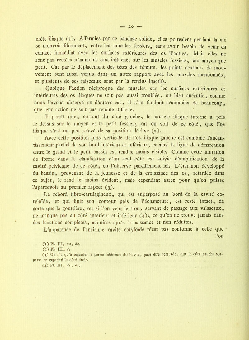 ao crête iliaque (i). Affermies par ce bandage solide, elles pouvaient pendant la vie se mouvoir librement, entre les muscles fessiers, sans avoir besoin de venir en contact immédiat avec les surfaces extérieures des os iliaques. Mais elles ne sont pas restées néanmoins sans influence sur les muscles fessiers, tant moyen que petit. Car par le déplacement des têtes des fémurs, les points centraux de mou- vement sont aussi venus dans un autre rapport avec les muscles mentionnés, et plusieurs de ses faisceaux sont par là rendus inactifs. Quoique l’action réciproque des muscles sur les surfaces extérieures et intérieures des os iliaques ne soit pas aussi troublée, ou bien anéantie, comme nous l’avons observé en d’autres cas, il s’en faudrait néanmoins de beaucoup, que leur action ne soit pas rendue difficile. Il paraît que, surtout du côté gauche, le muscle iliaque interne a pris le dessus sur le moyen et le petit fessier; car on voit de ce côté, que l’os iliaque s’est un peu relevé de sa position déclive (2). Avec cette position plus verticale de l’os iliaque gauche est combiné l’anéan- tissement partiel de son bord intérieur et inférieur, et ainsi la ligne de démarcation entre le grand et le petit bassin est rendue moins visible. Comme cette mutation de forme dans la claudication d’un seul côté est suivie d’amplification de la cavité pelvienne de ce côté, on l’observe pareillement ici. L’état non développé du bassin, provenant de la jeunesse et de la croissance des os, retardée dans ce sujet, le rend ici moins évident, mais cependant assez pour qu’on puisse l’apercevoir au premier aspect (3). Le rebord fibro-cartilagineux, qui est superposé au bord de la cavité co- tyloïde, et qui finit son contour près de l’échancrure, est resté intact, de sorte que la gouttière, ou si l’on veut le trou, servant de passage aux vaisseaux, ne manque pas au côté antérieur et inférieur (4) ; ce qu’on ne trouve jamais dans des luxations complètes, acquises après la naissance et non réduites. L’apparence de l’ancienne cavité cotyloïde n’est pas conforme à celle que l’on CO PI» III, aa, bh (2) PI. III, e. (3) On n’a qu’à regarder la partie inférieure du bassin, pour être persuadé, que le côté gauche sur- passe en capacité le côté droit.