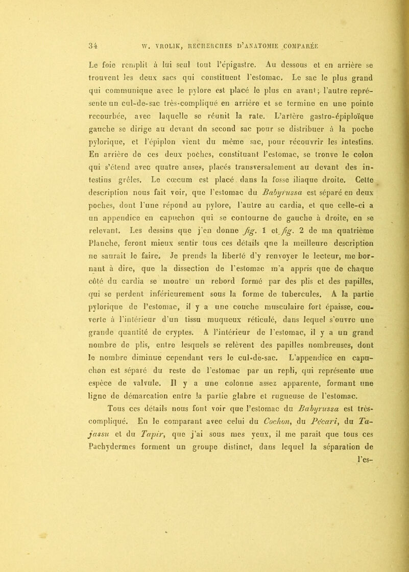 Le foie remplit à lui seul tout l’épigastre. Au dessous et en arrière se trouvent les deux sacs qui constituent l’estomac, Le sac le plus grand qui communique avec le pylore est placé le plus en avant; l’autre repré- sente un cul-de-sac très-compliqué en arrière et se termine en une pointe recourbée, avec laquelle se réunit la rate. L’artère gastro-épiploïque gauche se dirige au devant dn second sac pour se distribuer à la poche pylorique, et l’épiplon vient du mémo sac, pour récouvrir les intestins. En arrière de ces deux poches, constituant l’estomac, se tronve le colon qui s’étend avec quatre anses, placés transversalement au devant des in- testins grêles. Le cæcum est placé dans la fosse iliaque droite. Celte description nous fait voir, que l’estomac du Babyfussa est séparé en deux poches, dont l’une répond au pylore, l’autre au cardia, et que celle-ci a un appendice en capuchon qui se contourne de gauche à droite, en se relevant. Les dessins que j’en donne fig. 1 et fig. 2 de ma quatrième Planche, feront mieux sentir tous ces détails qne la meilleure description ne saurait le faire. Je prends la liberté d’y renvoyer le lecteur, me bor- nant à dire, que la dissection de l’estomac m’a appris que de chaque côté du cardia se montre un rebord formé par dos plis et des papilles, qui se perdent inférieurement 60us la forme do tubercules. A la partie pylorique de l’estomac, il y a une couche musculaire fort épaisse, cou- verte à l’intérieur d’un tissu muqueux réticulé, dans lequel s’ouvre une grande quantité do cryptes. A l’intérieur de l’estomac, il y a un grand nombre do plis, entre lesquels se relèvent des papilles nombreuses, dont le nombre diminue cependant vers le cul-de-sac. L’appendice en capu- chon est séparé du reste do l’estomac par un repli, qui représente une espèce de valvule. Il y a une colonne assez apparente, formant une ligne de démarcation entre la partie glabre et rugueuse de l’estomac. Tous ces détails nous font voir que l’eslomac du Babyrussa est très- compliqué. En le comparant avec celui du Cochon, du Pécari, du Ta- jassit et du Ta-pir, que j’ai sous mes yeux, il me parait que tous ces Pachydermes forment un groupe distinct, dans lequel la séparation de l’es-