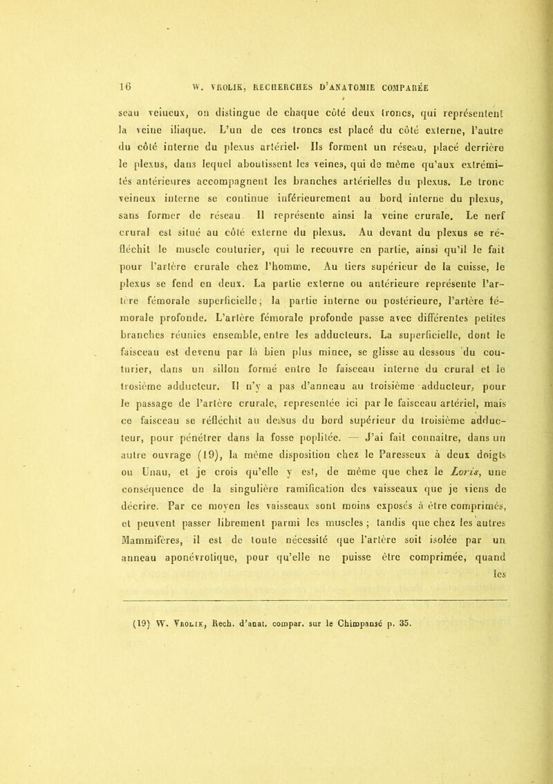 seau veineux, on distingue de chaque côté deux troncs, qui reprcsenleiit la veine iliaque. L’un de ces troncs est placé du côté externe, l’autre du côté interne du plexus artériel- Ils forment un réseau, placé derrière le plexus, dans lequel aboutissent les veines, qui de même qu’aux extrémi- tés antérievires accompagnent les branches artérielles du plexus. Le tronc veineux interne se continue inférieurement au bord interne du plexus, sans former de réseau, Il représente ainsi la veine crurale. Le nerf crural est situé au côté externe du plexus. Au devant du plexus se ré- fléchit le muscle couturier, qui le recouvre en partie, ainsi qu’il le fait pour l’artère crurale chez l’homme. Au tiers supérieur de la cuisse, le plexus se fend en deux. La partie externe ou antérieure représente l’ar- tère fémorale superficielle; la partie interne ou postérieure, l’artère fé- morale profonde. L’artère fémorale profonde passe avec différentes petites branches réunies ensemble, entre les adducteurs. La sujierficielle, dont le faisceau est devenu par là bien plus mince, se glisse au dessous du cou- turier, dans un sillon formé entre le faisceau interne du crural et le tiosième adducteur. Il n’j a pas d’anneau au troisième adducteur, pour le passage de l’artère crurale, représentée ici par le faisceau artériel, mais ce faisceau se réfléchit au des’sus du bord supérieur du troisième adduc- teur, pour pénétrer dans la fosse poplitée. — J’ai fait connaitre, dans un autre ouvrage (19), la même disposition chez le Paresseux à deux doigts ou Unau, et je crois qu’elle y est, de même que chez le Loris, une conséquence de la singulière ramification des vaisseaux que je viens de décrire. Par ce moyen les vaisseaux sont moins exposés à être comprimés, et peuvent passer librement parmi les muscles ; tandis que chez les autres Mammifères, il est de toute nécessité que l’artère soit isolée par un anneau aponévrolique, pour qu’elle ne puisse être comprimée, quand les (19) W. VKOL.IE, Rech. d’anat. compar. sur le Chimpansé p. 35.