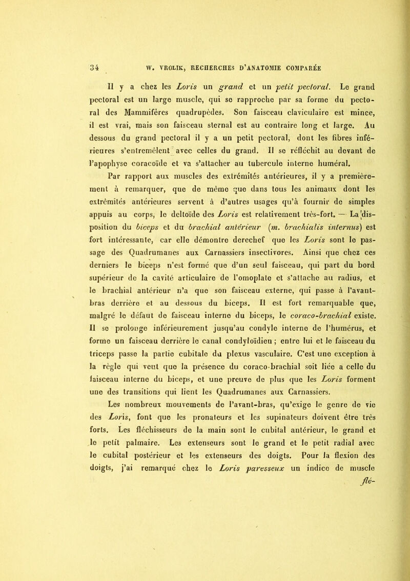 II y a chez les Loris un grand et un fetit pectoral. Le grand pectoral est un large muscle, qui so rapproche par sa forme du pecto- ral des Mammifères quadrupèdes. Son faisceau claviculaire est mince, il est vrai, mais son faisceau sternal est au contraire long et large. Au dessous du grand pectoral il y a un polit pectoral, dont les fibres infé- rieures s’entremêlent avec celles du grand. Il se réfléchit au devant de l’apophyse coracoïde et va s’attacher au tubercule interne huméral. Par rapport aux muscles des extrémités antérieures, il y a première- ment à remarquer, que de même que dans tous les animaux dont les extrémités antérieures servent à d’autres usages qu’à fournir do simples appuis au corps, le deltoïde des Loris est relativement très-fort. — La [dis- position du biceps et du brachial antérieur {m. brachialis iniernus) est fort intéressante, car elle démontre derechef que les Loris sont le pas- sage des Quadrumanes aux Carnassiers insectivores. Ainsi que chez ces derniers le biceps n’est formé que d’un seul faisceau, qui part du bord supérieur de la cavité articulaire de l’omoplate et s’attache au radius, et le brachial antérieur n’a que son faisceau externe, qui passe à l’avant- bras derrière et au dessous du biceps. Il est fort remarquable que, malgré le défaut de faisceau interne du biceps, le coraco-brachial existe. Il so prolonge inférieurement jusqu’au condylo interne de l’humérus, et forme un faisceau derrière le canal condyloïdion ; entre lui et le faisceau du triceps passe la partie cubitale du plexus vasculaire. C’est une exception à la règle qui veut que la présence du coraco-brachial soit liée a celle du faisceau interne du biceps, et une preuve de plus que les Loris forment une des transitions qui lient les Quadrumanes aux Carnassiers. Les nombreux mouvements de l’avant-bras, qu’exige le genre de vie des Loris, font que les pronaleurs et les supinateurs doivent être très forts. Les fléchisseurs de la main sont le cubital antérieur, le grand et le petit palmaire. Les extenseurs sont le grand et le petit radial avec le cubital postérieur et les extenseurs des doigts. Pour la flexion des doigts, j’ai remarqué chez le Loris paresseux un indice de muscle Jlé-