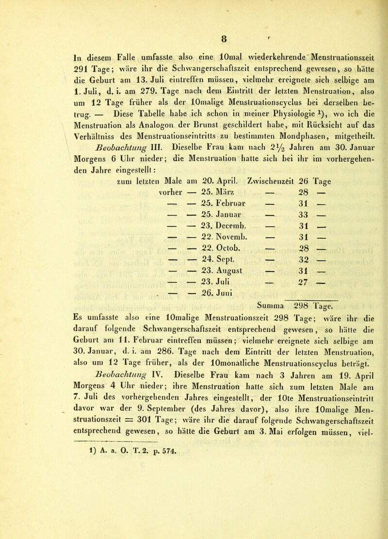 In diesem Falle umfasste also eine lOmal wiederkehrende' Menstruationszeit 291 Tage; wäre ihr die Sciiwangerschaftszelt entsprechend gewesen, so hätte die Geburt am 13. Juli eintreffen müssen, vielmehr ereignete sich selbige am l.Juli, d. i. am 279. Tage nach dem Eintritt der letzten Menstruation, also um 12 Tage früher als der lOmalige Menslruationscyclus bei derselben be- trug. — Diese Tabelle habe ich schon in meiner Physiologie i), wo ich die Menstruation als Analogon der Brunst geschildert habe, mit Piücksicht auf das Verhältniss des Menstruationseintritts zu bestimmten Mondphasen, mitgetheilt. Beobachtung III. Dieselbe Fi*au kam nach 2^/2 Jahren am 30. Januar Morgens 6 Uhr nieder; die Menstruation hatte sich bei ihr im vorhergehen- den Jahre eingestellt: zum letzten Male am 20. April. Zwischenzeit 26 Tage vorher — 25. März — 28 — — 25. Februar — 31 — — 25. Januar — 33 — — 23. Decemb. — 31 — — 22. Novemb. — 31 — — 22. Octob. — 28 — — 24. Sept, — 32 — — 23. August — 31 — — 23. Juli — 27 — — 26. Juni Summa 298 Es umfasste also eine lOmalige Menstruationszelt 298 Tage; wäre ihr die darauf folgende Schwangerschaftszeit entsprechend gewesen, so hätte die Geburt am 11. Februar eintreffen müssen; vielmehr ereignete sich selbige am 30. Januar, d. i. am 286. Tage nach dem Eintritt der letzten Menstruation, also um 12 Page früher, als der lOmonatliche Menstruationscyclus beträgt. Beobachtung IV. Dieselbe Frau kam nach 3 Jahren am 19. April Morgens 4 Uhr nieder; ihre Menstruation hatte sich zum letzten Male am 7. Juli des voi'hergehenden Jahres eingestellt, der lOte Menstruationseintritt davor war der 9. September (des Jahres davor), also ihre lOmalige Men- struationszeit = 301 Tage; wäre ihr die darauf folgende Schwangerschaftszelt entsprechend gewesen, so hätte die Geburt am 3. Mai erfolgen müssen, viel- 1) A. a. 0. T. 2. p. 574.