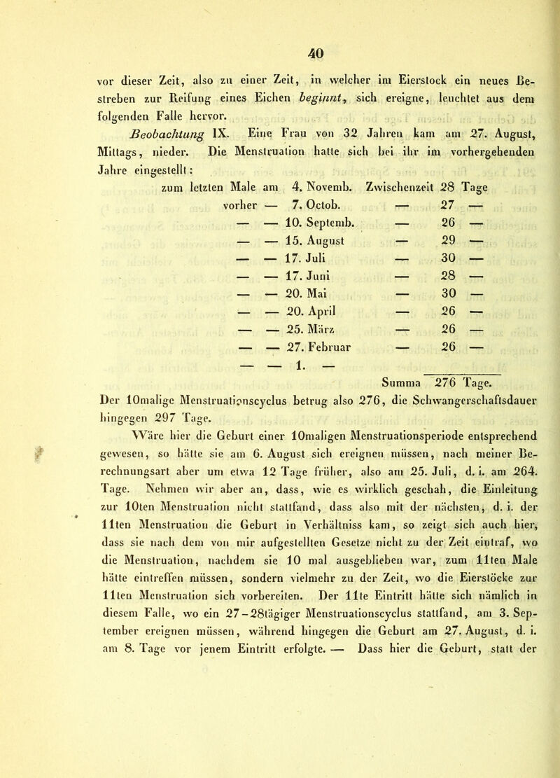 vor dieser Zeit, also zu einer Zeit, in welcher im Elerslock ein neues Be- streben zur Pieifung eines Eichen beginnty sich ereigne, leuchtet aus dem folgenden Falle hervor. Beobachtung IX. Eine Frau von 32 Jahi-en kam am 27. August, Mittags, niedei'. Die Menstruation hatte sich hei ihr Im vorhergehenden Jahre eingestellt: zum letzten Male am 4. Novemb. Zwischenzeit 28 Tage vorher — 7. Octob. — 27 — — 10. Septemb. — 26 — — 15. August — 29 — — 17. Juli — 30 — — 17. Juni — 28 — — 20. Mai — 30 — — 20. April — 26 — — 25. März — 26 — — 27. Februar — 26 Summa 276 Tage. Der lOmalige Menstruationscyclus betrug also 276, die Schwangerschaftsdauer hingegen 297 Tage. Wäre hier die Geburt einer lOmaligen Menstruationsperlode entsprechend gewesen, so hätte sie am 6. August sich ereignen müssen, nach meiner Be- rechnungsart aber um etwa 12 Tage früher, also am 25. Juli, d. i. am 264. Tage. Nehmen wir aber an, dass, wie cs wirklich geschah, die Einleitung zur lOten Menstruation nicht stattfand, dass also mit der nächsten, d. i. der Ilten Menstruation die Geburt in Verhältniss kam, so zeigt sich auch hier, dass sie nach dem von mir aufgestellten Gesetze nicht zu der Zeit eintraf, wo die Menstruation, nachdem sie 10 mal ausgeblieben war, zum Ilten Male hätte einlreffen müssen, sondern vielmehr zu der Zeit, wo die Eierstöcke zur Ilten Menstruation sich vorbereiten. Der Ute Eintritt hätte sich nämlich in diesem Falle, wo ein 27-28tägiger Menstruationscyclus staltfand, am 3. Sep- tember ereignen müssen, während hingegen die Geburt am 27. August, d. i. am 8. Tage vor jenem Eintritt erfolgte. — Dass hier die Geburt, statt der
