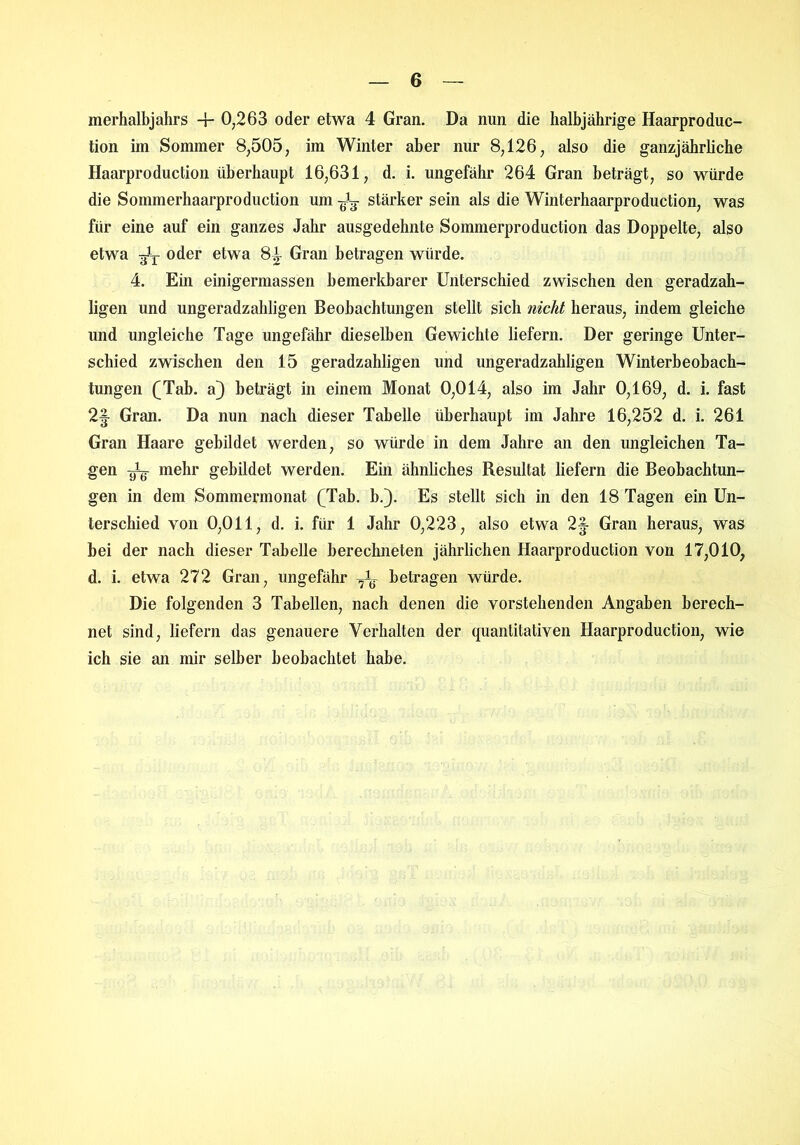 merhalbjahrs 4- 0,263 oder etwa 4 Gran. Da nun die halbjährige Haarproduc- tion im Sommer 8,505, im Winter aber nur 8,126, also die ganzjährliche Haarproduction überhaupt 16,631, d. i. ungefähr 264 Gran beträgt, so würde die Sommerhaarproduction um -Jg- stärker sein als die Winterhaarproduction, was für eine auf ein ganzes Jahr ausgedehnte Sommerproduction das Doppelte, also etwa oder etwa 8^ Gran betragen würde. 4. Ein einigermassen bemerkbarer Unterschied zwischen den geradzah- ligen und ungeradzahligen Beobachtungen stellt sich nicht heraus, indem gleiche und ungleiche Tage ungefähr dieselben Gewichte liefern. Der geringe Unter- schied zwischen den 15 geradzahligen und ungeradzahligen Winterbeobach- tungen (Tab. a) beträgt in einem Monat 0,014, also im Jahr 0,169, d. i. fast 2§- Gran. Da nun nach dieser Tabelle überhaupt im Jahre 16,252 d. i. 261 Gran Haare gebildet werden, so würde in dem Jahre an den ungleichen Ta- gen Jg- mehr gebildet werden. Ein ähnliches Resultat liefern die Beobachtun- gen in dem Sommermonat (Tab. b.). Es stellt sich in den 18 Tagen ein Un- terschied von 0,011, d. i. für 1 Jahr 0,223, also etwa 2§ Gran heraus, was bei der nach dieser Tabelle berechneten jährlichen Haarproduction von 17,010, d. i. etwa 272 Gran, ungefähr ^ betragen würde. Die folgenden 3 Tabellen, nach denen die vorstehenden Angaben berech- net sind, liefern das genauere Verhalten der quantitativen Haarproduction, wie ich sie an mir selber beobachtet habe.
