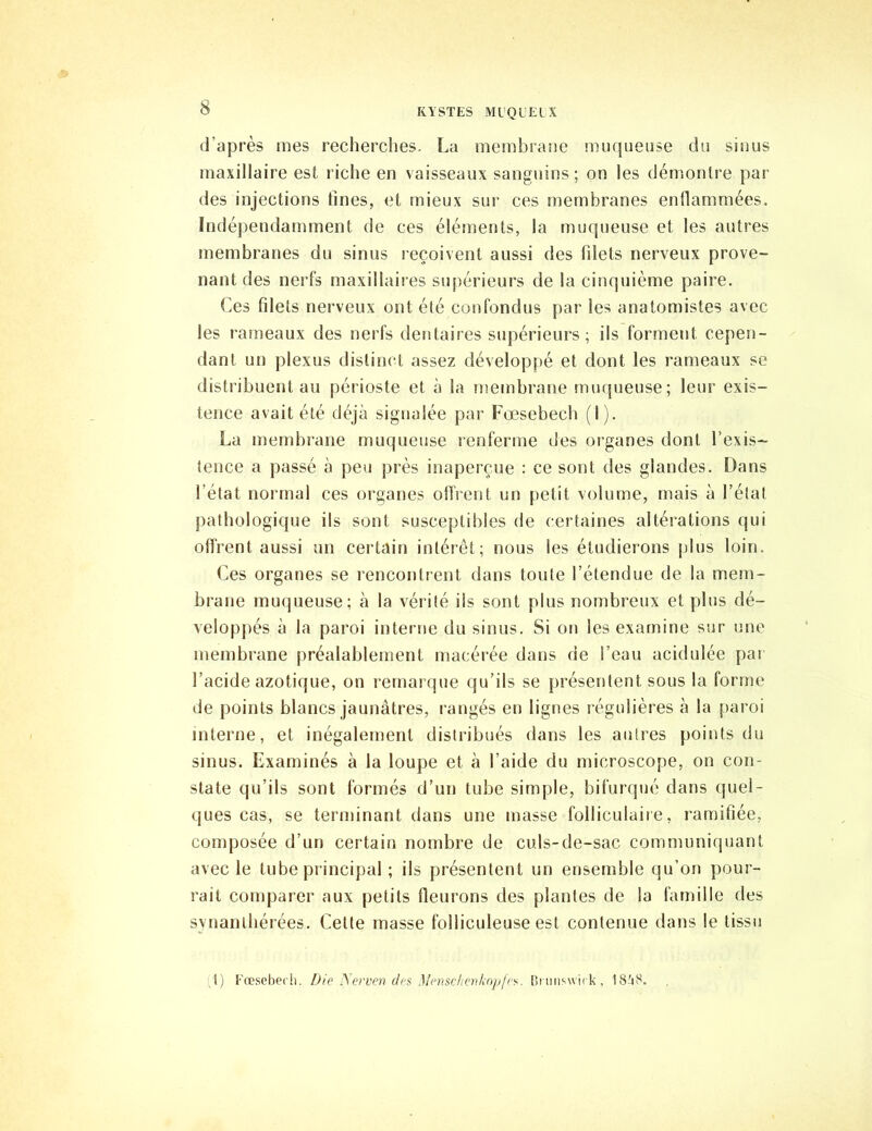 d’après mes recherches- La membrane muqueuse du sinus maxillaire est riche en vaisseaux sanguins; on les démontre par des injections fines, et mieux sur ces membranes enflammées. Indépendamment de ces éléments, la muqueuse et les autres membranes du sinus reçoivent aussi des filets nerveux prove- nant des nerfs maxillaires supérieurs de la cinquième paire. Ces filets nerveux ont été confondus par les anatomistes avec les rameaux des nerfs dentaires supérieurs; ils forment cepen- dant un plexus distinct assez développé et dont les rameaux se distribuent au périoste et à la membrane muqueuse; leur exis- tence avait été déjà signalée par Foesebech (1). La membrane muqueuse renferme des organes dont l’exis- tence a passé à peu près inaperçue : ce sont des glandes. Dans ! état normal ces organes offrent un petit volume, mais à l’état pathologique ils sont susceptibles de certaines altérations qui offrent aussi un certain intérêt; nous les étudierons (dus loin. Ces organes se rencontrent dans toute l’étendue de la mem- brane muqueuse; à la vérité ils sont plus nombreux et plus dé- veloppés à la paroi interne du sinus. Si on les examine sur une membrane préalablement macérée dans de l’eau acidulée par l’acide azotique, on remarque qu’ils se présentent sous la forme de points blancs jaunâtres, rangés en lignes régulières «à la paroi interne, et inégalement distribués dans les autres points du sinus. Examinés à la loupe et à l’aide du microscope, on con- state qu’ils sont formés d’un tube simple, bifurqué dans quel- ques cas, se terminant dans une masse folliculaire, ramifiée, composée d’un certain nombre de culs-de-sac communiquant avec le tube principal ; ils présentent un ensemble qu’on pour- rait comparer aux petits fleurons des plantes de la famille des svnanthérées. Cette masse folliculeuse est contenue dans le tissu t) Foesebech. Die Nerven des Menschenkopfe*. Brunswick, 1848.