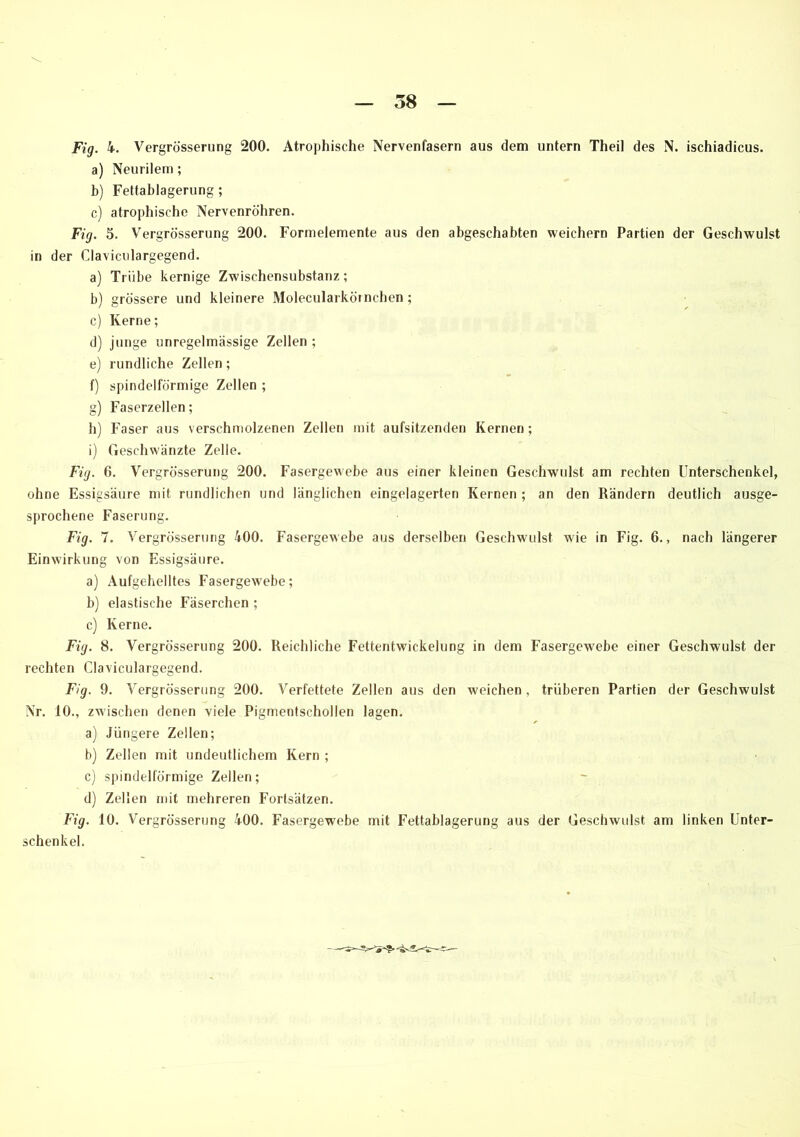 Fig. 4. Vergrösserung 200. Atrophische Nervenfasern aus dem untern Theil des N. ischiadicus. a) Neurilem; b) Fettablagerung; c) atrophische Nervenröhren. Fig. 5. Vergrösserung 200. Formelemente aus den abgeschabten weichem Partien der Geschwulst in der Claviculargegend. a) Trübe kernige Zwischensubstanz; b) grössere und kleinere Molecularkörnchen; c) Kerne; d) junge unregelmässige Zellen ; e) rundliche Zellen; f) spindelförmige Zellen ; g) Faserzellen; h) Faser aus verschmolzenen Zellen mit aufsitzenden Kernen; i) Geschwänzte Zelle. Fig. 6. Vergrösserung 200. Fasergewebe aus einer kleinen Geschwulst am rechten Unterschenkel, ohne Essigsäure mit rundlichen und länglichen eingelagerten Kernen ; an den Rändern deutlich ausge- sprochene Faserung. Fig. 7. Vergrösserung 400. Fasergewebe aus derselben Geschwulst wie in Fig. 6., nach längerer Einwirkung von Essigsäure. a) Aufgehelltes Fasergewebe; b) elastische Fäserchen ; c) Kerne. Fig. 8. Vergrösserung 200. Reichliche Fettentwickelung in dem Fasergewebe einer Geschwulst der rechten Claviculargegend. Fig. 9. Vergrösserung 200. Verfettete Zellen aus den weichen , trüberen Partien der Geschwulst Nr. 10., zwischen denen viele Pigmentschollen lagen. a) Jüngere Zellen; b) Zellen mit undeutlichem Kern ; c) spindelförmige Zellen; d) Zellen mit mehreren Fortsätzen. Fig. 10. Vergrösserung 400. Fasergewebe mit Fettablagerung aus der Geschwulst am linken Unter- schenkel.