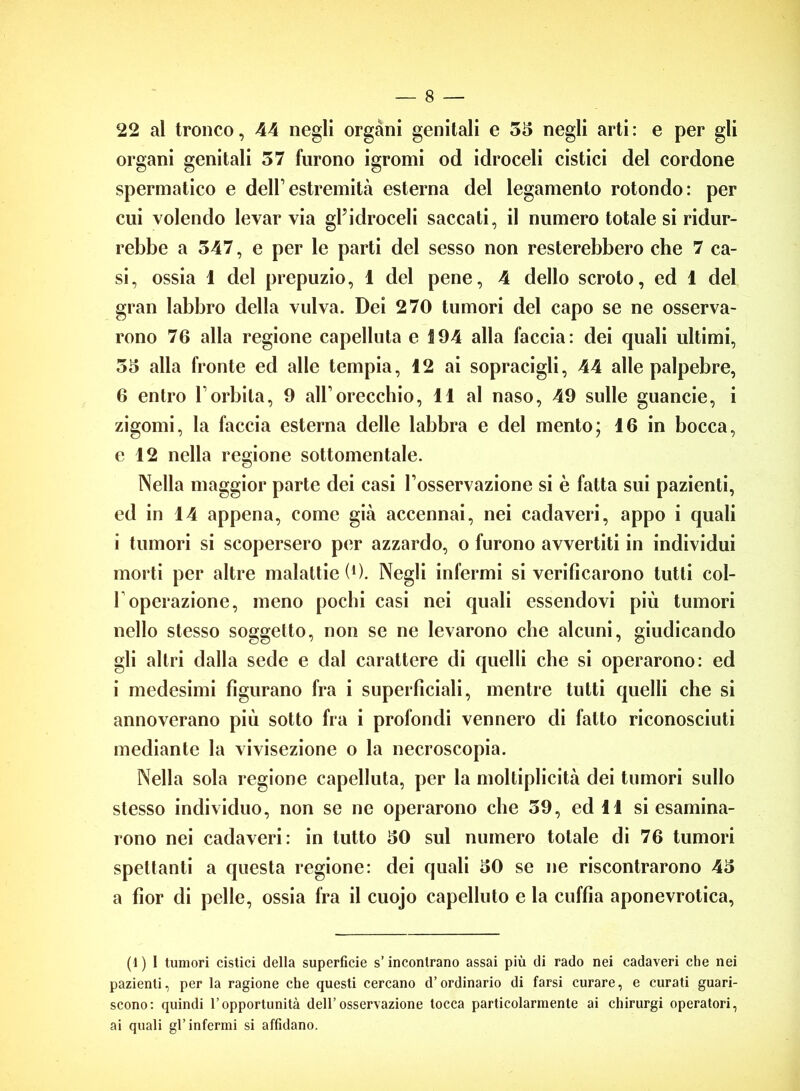 22 al tronco, 44 negli organi genitali e 55 negli arti: e per gli organi genitali 57 furono igromi od idroceli cistici del cordone spermatico e dell’estremità esterna del legamento rotondo: per cui volendo levar via gl’idroceli saccati, il numero totale si ridur- rebbe a 547, e per le parti del sesso non resterebbero che 7 ca- si, ossia 1 del prepuzio, 1 del pene, 4 dello scroto, ed 1 del gran labbro della vulva. Dei 270 tumori del capo se ne osserva- rono 76 alla regione capelluta e 194 alla faccia: dei quali ultimi, 55 alla fronte ed alle tempia, 12 ai sopracigli, 44 alle palpebre, 6 entro Forbita, 9 all’orecchio, 11 al naso, 49 sulle guancie, i zigomi, la faccia esterna delle labbra e del mento; 16 in bocca, e 12 nella regione sottomentale. Nella maggior parte dei casi l’osservazione si è fatta sui pazienti, ed in 14 appena, come già accennai, nei cadaveri, appo i quali i tumori si scopersero per azzardo, o furono avvertiti in individui morti per altre malattie 0). Negli infermi si verificarono tutti col- 1 operazione, meno pochi casi nei quali essendovi più tumori nello stesso soggetto, non se ne levarono che alcuni, giudicando gli altri dalla sede e dal carattere di quelli che si operarono: ed i medesimi figurano fra i superficiali, mentre tutti quelli che si annoverano più sotto fra i profondi vennero di fatto riconosciuti mediante la vivisezione o la necroscopia. Nella sola regione capelluta, per la molliplicità dei tumori sullo stesso individuo, non se ne operarono che 59, ed 11 si esamina- rono nei cadaveri: in tutto 50 sul numero totale di 76 tumori spettanti a questa regione: dei quali 50 se ne riscontrarono 45 a fior di pelle, ossia fra il cuojo capelluto e la cuffia aponevrotica, (1 ) I tumori cistici della superficie s’incontrano assai più di rado nei cadaveri che nei pazienti, per la ragione che questi cercano d’ordinario di farsi curare, e curati guari- scono: quindi l’opportunità dell’osservazione tocca particolarmente ai chirurgi operatori, ai quali gl’infermi si affidano.