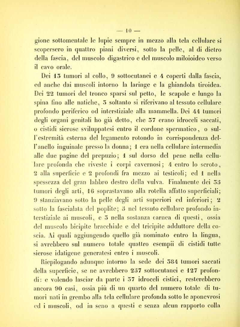 — 10 — gione sottomentale le lupie sempre in mezzo alla tela cellulare si scopersero in quattro piani diversi, sotto la pelle, al di dietro della fascia, del muscolo digastrico e del muscolo miloioideo verso il cavo orale. Dei 15 tumori al collo, 9 sottocutanei e 4 coperti dalla fascia, ed anche dai muscoli intorno la laringe e la ghiandola tiroidea. Dei 22 tumori del tronco sparsi sul petto, le scapole e lungo la spina fino alle natiche, 5 soltanto si riferivano al tessuto cellulare profondo periferico od interstiziale alla mammella. Dei 44 tumori degli organi genitali ho già detto, che 57 erano idroceli saccati, o cislidi sierose sviluppatesi entro il cordone spermatico, o sul- Testremità esterna del legamento rotondo in corrispondenza clel- Fanello inguinale presso la donna; 1 era nella cellulare intermedia alle due pagine del prepuzio; 1 sul dorso del pene nella cellu- lare profonda che riveste i corpi cavernosi ; 4 enlro lo scroto, 2 alla superfìcie e 2 profondi fra mezzo ai testicoli ; ed 1 nella spessezza del gran labbro destro della vulva. Finalmente dei 55 tumori degli arti, 16 soprastavano alla rotella affatto superficiali; 9 stanziavano sotto la pelle degli arti superiori ed inferiori ; 2 sotto la fascialata del poplite; 5 nel tessuto cellulare profondo in- terstiziale ai muscoli, e 5 nella sostanza carnea di questi, ossia del muscolo bicipite bracchiale e del tricipite adduttore della co- scia. Ai quali aggiungendo quello già nominato entro la lingua, si avrebbero sul numero totale quattro csempii di cistidi tutte sierose idatigene generatesi enlro i muscoli. Riepilogando adunque intorno la sede dei 584 tumori saccati della superficie, se ne avrebbero 257 sottocutanei e 127 profon- di: e volendo lasciar da parte i 57 idroceli cistici, resterebbero ancora 90 casi, ossia più di un quarto del numero totale di tu- mori nati in grembo alla tela cellulare profonda sotto le aponevrosi