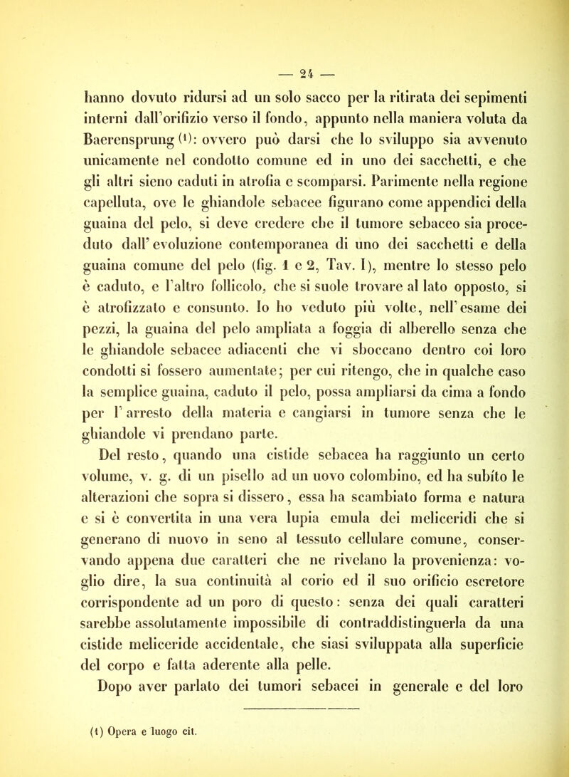 hanno dovuto ridursi ad un solo sacco per la ritirata dei sepimenti interni dairorifizio verso il fondo, appunto nella maniera voluta da Baerensprung (0: ovvero può darsi che lo sviluppo sia avvenuto unicamente nel condotto comune ed in uno dei sacchetti, e che gli altri sieno caduti in atrofia e scomparsi. Parimente nella regione capelluta, ove le ghiandole sebacee figurano come appendici della guaina del pelo, si deve credere che il tumore sebaceo sia proce- duto dall’evoluzione contemporanea di uno dei sacchetti e della guaina comune del pelo (fig. 1 e 2, Tav. 1), mentre lo stesso pelo è caduto, e l’altro follicolo, che si suole trovare al lato opposto, si è atrofizzato e consunto, lo ho veduto più volte, nell’esame dei pezzi, la guaina del pelo ampliata a loggia di alberello senza che le ghiandole sebacee adiacenti che vi sboccano dentro coi loro condotti si fossero aumentate; per cui ritengo, che in qualche caso la semplice guaina, caduto il pelo, possa ampliarsi da cima a fondo per P arresto della materia e cangiarsi in tumore senza che le ghiandole vi prendano parte. Del resto, quando una cistide sebacea ha raggiunto un certo volume, v. g. di un pisello ad un uovo colombino, ed ha subito le alterazioni che sopra si dissero, essa ha scambiato forma e natura e si è convertita in una vera lupia emula dei meliceridi che si generano di nuovo in seno al tessuto cellulare comune, conser- vando appena due caratteri che ne rivelano la provenienza: vo- glio dire, la sua continuità al corio ed il suo orificio escretore corrispondente ad un poro di questo : senza dei quali caratteri sarebbe assolutamente impossibile di contraddistinguerla da una cistide meliceride accidentale, che siasi sviluppata alla superficie del corpo e fatta aderente alla pelle. Dopo aver parlato dei tumori sebacei in generale e del loro (t) Opera e luogo cit.