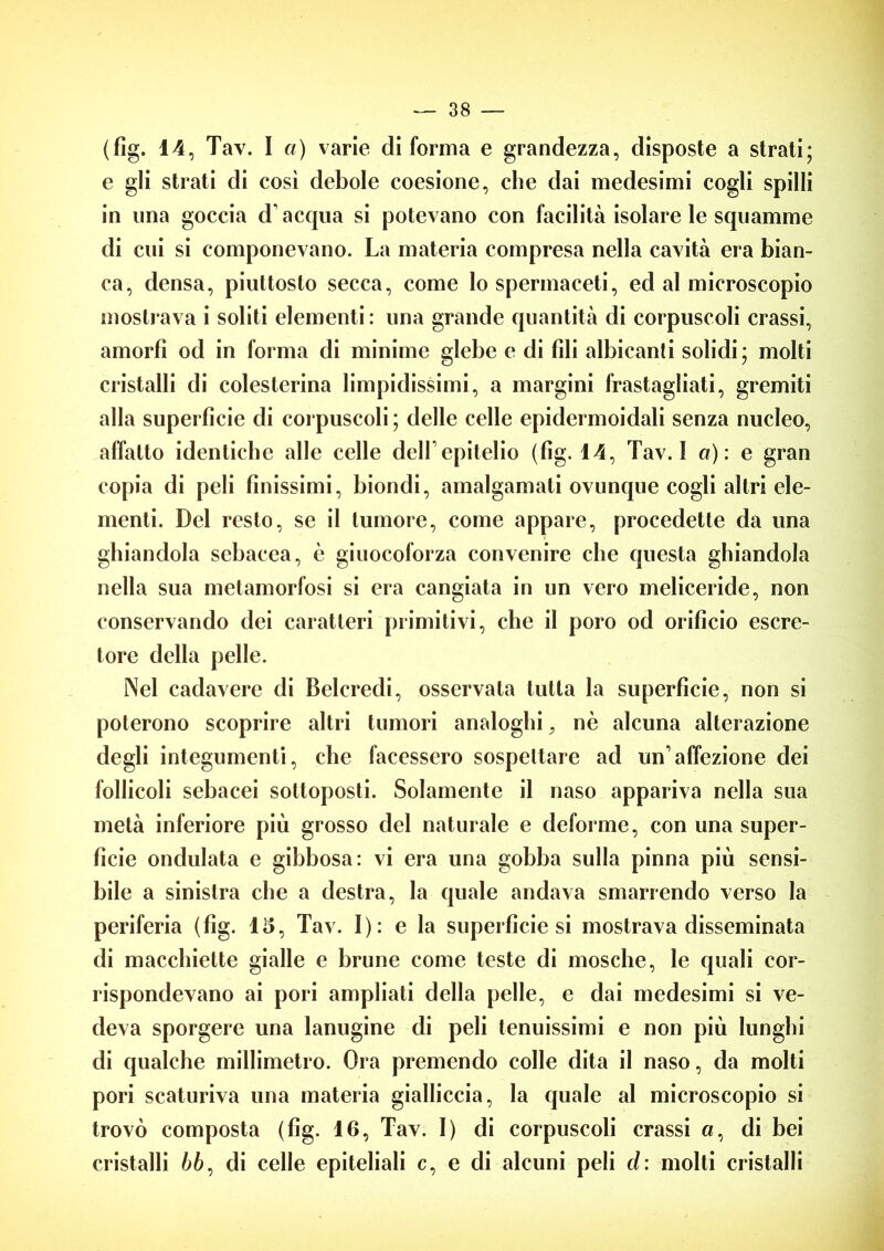 (fig. 14, Tav. I a) varie di forma e grandezza, disposte a strati; e gli strati di così debole coesione, che dai medesimi cogli spilli in una goccia d’acqua si potevano con facilità isolare le squamine di cui si componevano. La materia compresa nella cavità era bian- ca, densa, piuttosto secca, come lo spermaceti, ed al microscopio mostrava i soliti elementi : una grande quantità di corpuscoli crassi, amorfi od in forma di minime glebe e di fili albicanti solidi; molti cristalli di colesterina limpidissimi, a margini frastagliati, gremiti alla superfìcie di corpuscoli ; delle celle epidermoidali senza nucleo, affatto identiche alle celle dell’epitelio (fig. 14, Tav. 1 a): e gran copia di peli finissimi, biondi, amalgamali ovunque cogli altri ele- menti. Del resto, se il tumore, come appare, procedette da una ghiandola sebacea, è giuocoforza convenire che questa ghiandola nella sua metamorfosi si era cangiata in un vero meliceride, non conservando dei caratteri primitivi, che il poro od orifìcio escre- tore della pelle. Nel cadavere di Belcredi, osservala tutta la superficie, non si poterono scoprire altri tumori analoghi. nè alcuna alterazione degli integumenti, che facessero sospettare ad un’affezione dei follicoli sebacei sottoposti. Solamente il naso appariva nella sua metà inferiore più grosso del naturale e deforme, con una super- ficie ondulata e gibbosa: vi era una gobba sulla pinna più sensi- bile a sinistra che a destra, la quale andava smarrendo verso la periferia (fig. 15, Tav. I): e la superficie si mostrava disseminata di macchiette gialle e brune come teste di mosche, le quali cor- rispondevano ai pori ampliati della pelle, e dai medesimi si ve- deva sporgere una lanugine di peli tenuissimi e non più lunghi di qualche millimetro. Ora premendo colle dita il naso, da molti pori scaturiva una materia gialliccia, la quale al microscopio si trovò composta (fig. 16, Tav. I) di corpuscoli crassi a, di bei cristalli è6, di celle epiteliali c, e di alcuni peli d: molti cristalli