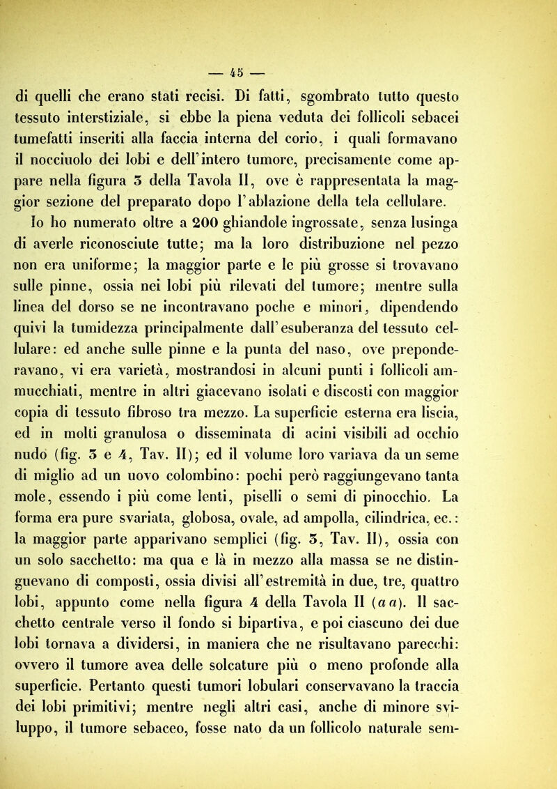 di quelli che erano stati recisi. Di fatti, sgombrato tutto questo tessuto interstiziale, si ebbe la piena veduta dei follicoli sebacei tumefatti inseriti alla faccia interna del corio, i quali formavano il nocciuolo dei lobi e dell’intero tumore, precisamente come ap- pare nella figura 3 della Tavola II, ove è rappresentala la mag- gior sezione del preparato dopo l’ablazione della tela cellulare. Io ho numerato oltre a 200 ghiandole ingrossate, senza lusinga di averle riconosciute tutte; ma la loro distribuzione nel pezzo non era uniforme; la maggior parte e le più grosse si trovavano sulle pinne, ossia nei lobi più rilevati del tumore; mentre sulla linea del dorso se ne incontravano poche e minori, dipendendo quivi la tumidezza principalmente dall’esuberanza del tessuto cel- lulare: ed anche sulle pinne e la punta del naso, ove preponde- ravano, vi era varietà, mostrandosi in alcuni punti i follicoli am- mucchiati, mentre in altri giacevano isolati e discosti con maggior copia di tessuto fibroso tra mezzo. La superficie esterna era liscia, ed in molti granulosa o disseminata di acini visibili ad occhio nudo (fìg. 3 e 4, Tav. II); ed il volume loro variava da un seme di miglio ad un uovo colombino: pochi però raggiungevano tanta mole, essendo i più come lenti, piselli o semi di pinocchio. La forma era pure svariala, globosa, ovale, ad ampolla, cilindrica, ec. : la maggior parte apparivano semplici (fig. 3, Tav. II), ossia con un solo sacchetto: ma qua e là in mezzo alla massa se ne distin- guevano di composti, ossia divisi all1 estremità in due, tre, quattro lobi, appunto come nella figura 4 della Tavola II (a a). II sac- chetto centrale verso il fondo si bipartiva, e poi ciascuno dei due lobi tornava a dividersi, in maniera che ne risultavano parecchi: ovvero il tumore avea delle solcature più o meno profonde alla superficie. Pertanto questi tumori lobulari conservavano la traccia dei lobi primitivi; mentre negli altri casi, anche di minore svi- luppo, il tumore sebaceo, fosse nato da un follicolo naturale sem-
