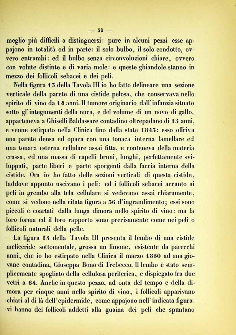 meglio più difficili a distinguersi: pure in alcuni pezzi esse ap~ pajono in totalità od in parte: il solo bulbo, il solo condotto, ov- vero entrambi: ed il bulbo senza circonvoluzioni chiare, ovvero con volute distinte e di varia mole: e queste ghiandole stanno in mezzo dei follicoli sebacei e dei peli. Nella figura 13 della Tavola III io ho fatto delineare una sezione verticale della parete di una cistide pelosa, che conservava nello spirito di vino da 14 anni. Il tumore originario dall’infanzia situato sotto gl’integumenti della nuca, e del volume di un uovo di gallo, apparteneva a Ghiselli Baldassare contadino oltrepadano di 15 anni, e venne estirpato nella Clinica fino dalla state 1843: esso offriva una parete densa ed opaca con una tonaca interna lamellare ed una tonaca esterna cellulare assai fitta, e conteneva della materia crassa, ed una massa di capelli bruni, lunghi, perfettamente svi- luppati, parte liberi e parte sporgenti dalla faccia interna della cistide. Ora io ho fatto delle sezioni verticali di questa cistide, laddove appunto uscivano i peli: ed i follicoli sebacei accanto ai peli in grembo alla tela cellulare si vedevano assai chiaramente, come si vedono nella citata figura a 36 d’ingrandimento; essi sono piccoli e coartati dalla lunga dimora nello spirito di vino: ma la loro forma ed il loro rapporto sono precisamente come nei peli o follicoli naturali della pelle. La figura !4 della Tavola III presenta il lembo di una cistide meliceride sottomentale, grossa un limone, esistente da parecchi anni, che io ho estirpato nella Clinica il marzo 1850 ad una gio- vane contadina, Giuseppa Bono di Trebecco. Il lembo è stato sem- plicemente spogliato della cellulosa periferica, e dispiegato fra due vetri a 64. Anche in questo pezzo, ad onta del tempo e della di- mora per cinque anni nello spirito di vino, i follicoli apparivano chiari al di là dell’epidermide, come appajono nell’ indicata figura: vi hanno dei follicoli addetti alla guaina dei peli che spuntano