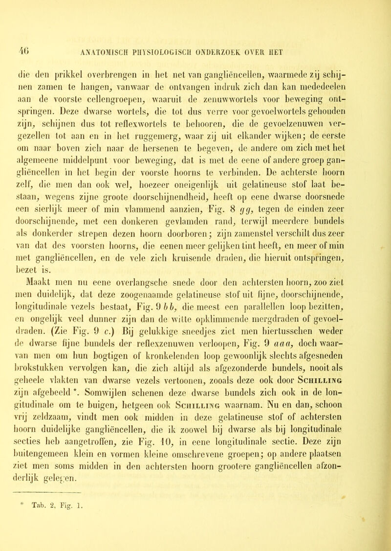 die den prikkel overbrengen in het net van gangliëncellen, waarmede zij schij- nen zamen te hangen, vanwaar de ontvangen indruk zich dan kan mededeelen aan de voorste cellengroepen, waaruit de zenuwwortels voor beweging ont- springen. Deze dwarse wortels, die tot dus verre voor gevoclwortels gehouden zijn^ schijnen dus tot reflexwortels te belmoren, die de gevoelzenuwen ver- gezellen tot aan en in het ruggemerg, waar zij uit elkander wijken; de eerste om naar hoven zich naar de hersenen te begeven., de andere om zich met het algemeene middelpunt voor beweging, dat is met de eene of andere groep gan- gliëncellen in het begin der voorste hoorns te verbinden. De achterste hoorn zelf, die men dan ook wel, hoezeer oneigenlijk uit gelatineuse stof laat be- staan, wegens zijne groote doorschijnendheid, heeft op cene dwarse doorsnede een sierlijk meer of min vlammend aanzien, Fig. 8 gg, tegen de einden zeer doorschijnende, met een donkeren gevlamden rand, terwijl meerdere bundels als donkerder strepen dezen hoorn doorhoren; zijn zamcnstel verschilt dus zeer van dat des voorsten hoorns, die eenen meer gelijken tint heeft, en meer of min met gangliëncellen, en de vele zich kruisende draden, die hieruit ontspringen, bezet is. Maakt men nu eene overlangsche snede door den achtersten hoorn, zoo ziet men duidelijk, dat deze zoogenaamde gelatineuse stof uit fijne, doorschijnende, longitudinale vezels bestaat, Fig. 9 &£>, die meest een parallellen loop bezitten, en ongelijk veel dunner zijn dan de witte opklimmende mergdraden of gevoel- draden. (Zie Fig. 9 c.) Bij gelukkige sneedjes ziet men hiertussclien weder de dwarse fijne bundels der refïexzenuwen verloopen, Fig. 9 aaa, doch waar- van men om hun bogtigen of kronkelenden loop gewoonlijk slechts afgesneden brokstukken vervolgen kan, die zich altijd als afgezonderde bundels, nooit als geheele vlakten van dwarse vezels vertoonen, zooals deze ook door Schilling zijn afgebeeld *. Somwijlen schenen deze dwarse bundels zich ook in de lon- gitudinale om te buigen, hetgeen ook Schilling waarnam. Nu en dan, schoon vrij zeldzaam, vindt men ook midden in deze gelatineuse stof of achtersten hoorn duidelijke gangliëncellen, die ik zoowel hij dwarse als hij longitudinale secties heb aangetroffen, zie Fig. 10, in eene longitudinale sectie. Deze zijn buitengemeen klein en vormen kleine omschrevene groepen; op andere plaatsen ziet men soms midden in den achtersten hoorn grootere gangliëncellen afzon- derlijk gelegen. * Tab. ‘2, Fig. 1.