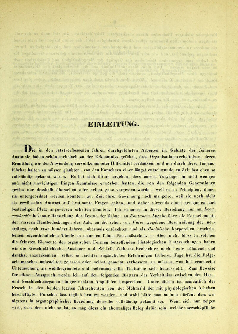 EINLEITUNG. J^ie ia (len letztverflossenen Jahren durchgefiihrlen Arbeiten im Gebiete der feineren Anatomie haben schön mehrfach zu der Erkenntniss geführt, dass Organisationsverhältnisse, deren Ermittlung wir der Anwendung vervolJkommnetcr Hilfsmittel verdanken, und nur durcli diese für aus- führbar halten zu müssen glaubten, von den Forschern einer längst entschwundenen Zeit fast eben so vollständig gekannt waren. Es hat sich öfters ergeben, dass unsere Vorgänger in nicht wenigen und nicht unwichtigen Dingen Kenntnisse erworben hatten, die von den folgenden Generationen gewiss nur desshalb übersehen oder selbst ganz vergessen wurden, weil es an Priucipien, denen sie untergeordnet werden konnten, zur Zeit ihrer Gewinnung noch mangelte, weil sie noch nicht als erwünschte Antwort auf bestimmte Fragen gelten, und daher nirgends einen geeigneten und beständigen Platz angewiesen erhalten konnten. Ich erinnere in dieser Beziehung nur an Lceu- wenhoek's bekannte Darstellung der Textur der Zähne, an Fontanas Angabe über die Formelemente der äussern Ilautbedeckungen des Aals, an die schon von Vater gegebene Beschreibung der neu- erdings, nach etwa hundert Jahren, abermals entdeckten und als Pacinhchc Körperchen beschrie- benen, cigenthiimlichen Theile an manchen feinen Ncrvcniistchen. — Aber nicht bloss in solchen die feinsten Elemente der organischen Formen betreffenden histologischen Untersuchungen haben wir die Geschicklichkeit, Ausdauer und Schärfe früherer Beobachter noch heute rühmend und dankbar anzuerkennen : selbst in leichter zugänglichen Erfahrungen früherer Tage hat die Folge- zeit manches unbeachtet gelassen oder selbst gemeint verbessern zu müssen, was bei erneuerter Untersuchung als wohlbegründetc und bedeutungsvolle Thalsache sich herausslcllt. Zum Beweise für diesen Ausspruch werde ich auf den folgenden Blättern das Vcrhältniss zwischen den llarn- und Geschlechtsorganen einiger nackten Amphibien besprechen. Unter diesen ist namentlich der Frosch in den beiden letzten Jahrzehenten von der Mehrzahl der mit physiologischen Arbeiten beschäftigten Forscher fast täglich benutzt worden, und wohl hätte man meinen dürfen, dass we- nigstens in organographisclier Beziehung derselbe vollständig gekannt sei. Wenn sicli nun zeigen w ird, dass dem nicht so ist, so mag diess ein abermaliger Beleg dafür sein, welche unerschöpfliche