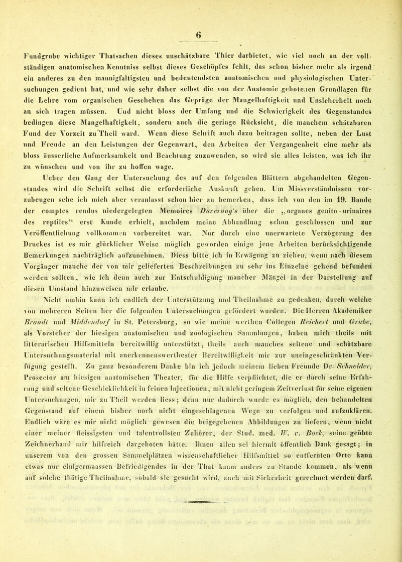 Fundgrube wichtiger Thatsaclieii dieses unschätzbare Thier darbietet, wie -viel noch an der voll- ständigen anatomischen Kcnntniss selbst dieses Geschöpfes fehlt, das schon bisher mehr als irgend ein anderes zu den mannigfaltigsten und bedeutendsten anatomischen und physiologischen Unter- suchungen gedient hat, und wie sehr daher selbst die von der Anatomie gebotenen Grundlagen für die Lehre vom organischen Geschehen das Gepräge der Mangelhaftigkeit und Unsicherheit noch an sich tragen müssen. Und nicht bloss der Umfang und die Schwierigkeit des Gegenstandes bedingen diese Mangelhaftigkeit, sondern auch die geringe Rücksicht, die manchem schätzbaren Fund der Vorzeit zu Tlieil ward. Wenn diese Schrift auch dazu beitragen sollte, neben der Lust und Freude an den Leistungen der Gegenwart, den Arbeiten der Vergangenheit eine mehr als bloss äusserliche Aufmerksamkeit und Beachtung zuzuwenden, so wird sie alles leisten, was ich ihr zu wünschen und von ihr zu hoffen wage. Ueber den Gang der Untersuchung des auf den folgenden Blättern abgehandelten Gegen- standes wird die Schrift selbst die erforderliche Auskunft geben. Um Missverständnissen vor- zubeugen sehe ich mich aber veranlasst schon hier zu bemerken, dass ich von den im 19. Bande der comptes rendus niedergelegten Memoires Duvernoy's über die ,, Organes genito-urinaires des reptiles“ erst Kunde erhielt, nachdem meine Abhandlung schon geschlossen und zur Veröffentlichung vollkommen vorbereitet war. Nur durch eine unerwartete Verzögerung des Druckes ist es mir glücklicher Weise möglich geworden einige jene Arbeiten berücksichtigende Bemerkungen nachträglich aufzunehmen. Dicss bitte ich in Erwägung zu ziehen, wenn nach diesem Vorgänger manche der von mir gelieferten Beschreibungen zu sehr ins Einzelne gehend befunden werden sollten, wie ich denn auch zur Entschuldigung mancher Mängel in der Darstellung auf diesen Umstand hinzuweisen mir erlaube. Nicht umhin kann ich endlich der Unterstützung und Theilnahme zu gedenken, durch welche von mehreren Seiten her die folgenden Untersuchungen gefördert wurden. Die Herren Akademiker Brandt und Middendorf in St. Petersburg, so wie meine werthen Collegen Ileichert und Grube, als Vorsteher der hiesigen anatomischen und zoologischen Sammlungen, haben mich theils mit litterarischen Hilfsmitteln bereitwillig unterstützt, theils auch manches seltene und schätzbare Untersuchungsmaterial mit anerkennenswcrlhester Bereitwilligkeit mir zur uneingeschränkten Ver- fügung gestellt. Zu ganz besonderem Danke bin ich jedoch meinem lieben Freunde Dr. Schneider, Proseetor am hiesigen anatomischen Theater, für die Hilfe verpflichtet, die er durch seine Erfah- rung und seltene Geschicklichkeit in feinen Injcctionen, mit nicht geringem Zeitverlust für seine eigenen Untersuchungen, mir zu Tlieil w erden licss ; denn nur dadurch wurde es möglich, den behandelten Gegenstand auf einem bisher noch nicht eingeschlagenen Wege zu verfolgen und aufzuklären. Endlich wäre es mir nicht möglich gewesen die beigegebenen Abbildungen zu liefern, wenn nicht einer meiner Beissigsten und talentvollsten Zuhörer, der Sind. med. W. v. Boclc, seine geübte Zeichnerhand mir hilfreich dargeboten hätte. Ihnen allen sei hiermit öffentlich Dank gesagt; in unserem von den grossen Sammelplätzen wissenschaftlicher Hilfsmittel so entfernten Orte kann etwas nur cinigermaassen Befriedigendes in der Thai kaum anders zu Stande kommen, als wenn auf solche thätige Theilnahme, sobald sie gesucht wird, auch mit Sicherheit gerechnet werden darf.