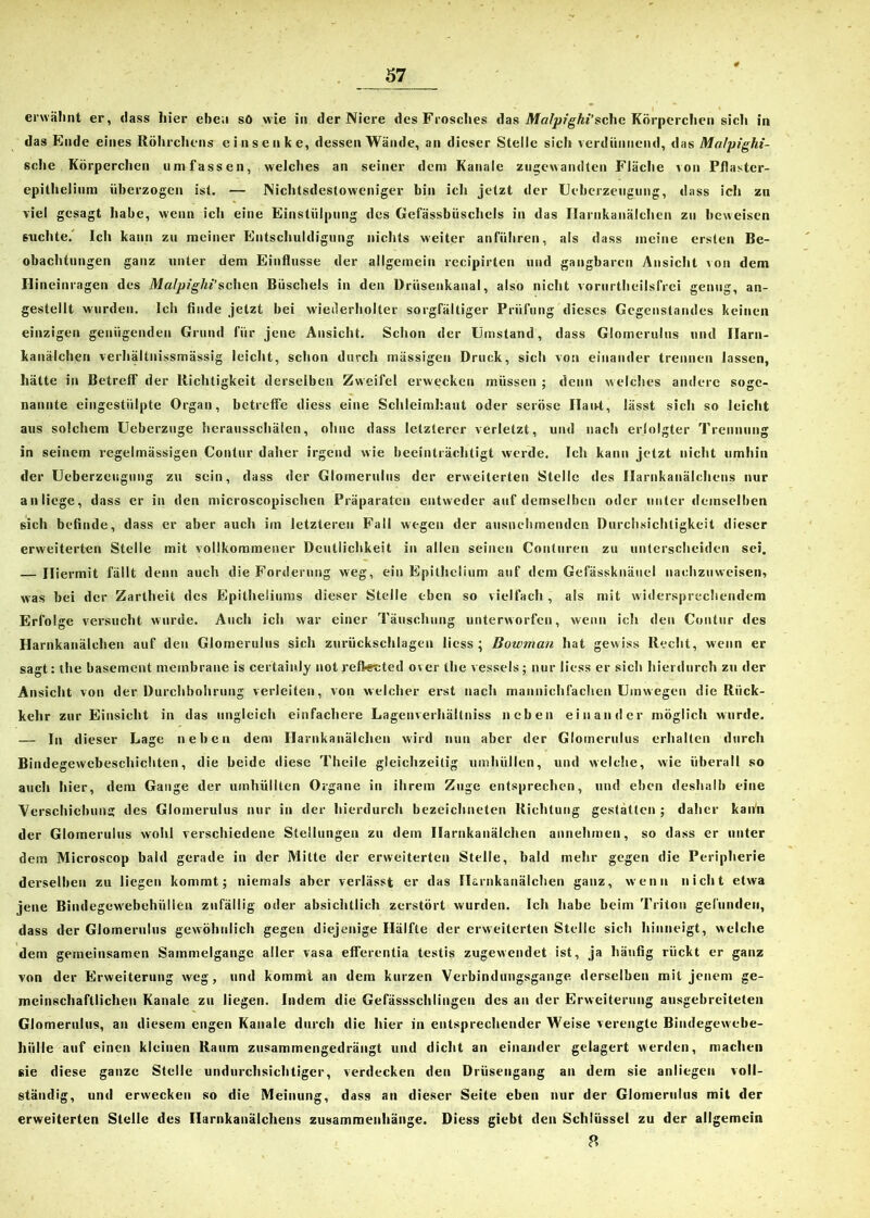 erwähnt er, dass hier eben so wie in der Niere des Frosches das Mafp/gki’schc Körperchen sicli in das Ende eines Röhrchens einsenke, dessen Wände, an dieser Stelle sich verdünnend, das Malpighi- sche Körperchen umfassen, welches an seiner dem Kanäle angewandten Fläche von Pflastcr- epilhelium überzogen ist. — Nichtsdestoweniger bin icli jetzt der Ueberzeugung, dass ich zn viel gesagt habe, wenn icli eine Einstülpung des Gefässbüschcls in das Harnkanälchen zu beweisen suchte. Icli kann zu meiner Entschuldigung nichts weiter anführen, als dass meine ersten Be- obachtungen ganz unter dem Einflüsse der allgemein recipirten und gangbaren Ansicht von dem Ilineinragen des Malpighi’sehen Büschels in den Drüsenkanal, also nicht vorurtheilsfrei genug, an- gestellt wurden. Ich finde jetzt hei wiederholter sorgfältiger Prüfung dieses Gegenstandes keinen einzigen genügenden Grund für jene Ansicht. Schon der Umstand, dass Gloinerulus und Harn- kanälchen verhältnissmässig leicht, schon durch mässigen Druck, sich von einander trennen lassen, hätte in Betreff der Richtigkeit derselben Zweifel erwecken müssen ; denn welches andere soge- nannte eingestülpte Organ, betreffe diess eine Schleimhaut oder seröse Ilant, lässt sich so leicht aus solchem Ueberzuge herausschälen, ohne dass letzterer verletzt, und nach erfolgter Trennung in seinem regelmässigen Contur daher irgend wie beeinträchtigt werde. Ich kann jetzt nicht umhin der Ueberzeugung zu sein, dass der Glomerulus der erweiterten Stelle des Harnkanälchens nur anliege, dass er in den microscopischen Präparaten entweder auf demselben oder unter demselben sich befinde, dass er aber auch im letzteren Fall wegen der ausnehmenden Durchsichtigkeit dieser erweiterten Stelle mit vollkommener Deutlichkeit in allen seinen Conturen zu unterscheiden sei. — Hiermit fällt denn auch die Forderung weg, ein Epitheliom auf dem Gefässknänel nachzuweisen, was bei der Zartheit des Epithelioms dieser Stelle eben so vielfach , als mit widersprechendem Erfolge versucht wurde. Auch ich war einer Täuschung unterworfen, wenn icli den Contur des Harnkanälchen auf den Glomerulus sich Zurückschlagen liess ; Bowman hat gewiss Recht, wenn er sagt: the basement membrane is certainly not refteeted over the vessels; nur liess er sich hierdurch zu der Ansicht von der Durchbohrung verleiten, von welcher erst nach mannichfachcn Umwegen die Rück- kehr zur Einsicht in das ungleich einfachere Lagenverhältniss neben einander möglich wurde. — In d ieser Lage liehen dem Harnkanälchen wird nun aber der Glomerulus erhalten durch Bindegewebeschichten, die beide diese Theile gleichzeitig umhüllen, und welche, wie überall so auch hier, dem Gauge der umhüllten Organe in ihrem Zuge entsprechen, und eben deshalb eine Verschiebung des Glomerulus nur in der hierdurch bezeichneten Richtung gestatten; daher kan'n der Glomerulus wohl verschiedene Stellungen zu dem Harnkanälchen annehmen, so dass er unter dem Microscop bald gerade in der Mitte der erweiterten Stelle, bald mehr gegen die Peripherie derselben zu liegen kommt; niemals aber verlässt er das Harnkanälchen ganz, wenn nicht etwa jene Bindegewebehii11en zufällig oder absichtlich zerstört wurden. Ich habe beim Triton gefunden, dass der Glomerulus gewöhnlich gegen diejenige Hälfte der erweiterten Stelle sich hinneigt, welche dem gemeinsamen Sammelgange aller vasa efferentia testis zugewendet ist, ja häufig rückt er ganz von der Erweiterung weg, und kommt an dem kurzen Verbindungsgange, derselben mit jenem ge- meinschaftlichen Kanäle zu liegen. Indem die Gefässschlingen des an der Erweiterung ausgebreiteten Glomerulus, an diesem engen Kanäle durch die liier in entsprechender Weise verengte Bindegewebe- Jiiiile auf einen kleinen Raum zusammengedrängt und dicht an einander gelagert werden, machen sie diese ganze Stelle undurchsichtiger, verdecken den Drüsengang an dem sie anliegeu voll- ständig, und erwecken so die Meinung, dass an dieser Seite eben nur der Glomerulus mit der erweiterten Stelle des Harnkanälchens Zusammenhänge. Diess giebt den Schlüssel zu der allgemein 8