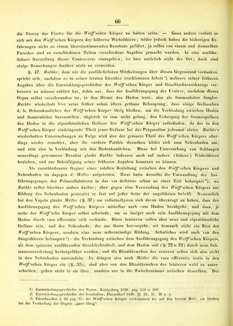 die Nieren der Fische für die JVolff'sehen Körper zu halten seien. — Ganz anders verhält es sich mit den JVolff’sehen Körpern der höheren Wirbelthiere ; leider jedoch haben die bisherigen Er- fahrungen nicht zu einem übereinstimmenden Resultate geführt, ja selbst von einem und demselben Forscher sind zu verschiedenen Zeiten verschiedene Angaben gemacht worden. In eine ausführ- lichere Darstellung dieser Controverse einzugehen, ist hier natürlich nicht der Ort; doch sind einige Bemerkungen darüber nicht zu vermeiden. §. 47. Rathke, dem wir die ausführlichsten Mittheilungen über diesen Gegenstand verdanken, spricht sich, nachdem er in seiner letzten hierüber erschienenen Arbeit’) mehrere seiner früheren Angaben über die Entwicklungsgeschichte der JVolff’sehen Körper und Geschlechtswerkzeuge ver- bessern zu müssen erklärt hat, dahin aus, dass der Ausführungsgang der Urniere, nachdem dieses Organ selbst verschwunden ist, in den Dienst des Hoden trete, also als Saamenleiter fungire. Rathke wiederholt hier seine früher schon öfters gethane Behauptung, dass einige Gefässchen d. li. Drüsenkanälchen der JJolffsehen Körper übrig bleiben, um die Verbindung zwischen Hoden und Saamenleiter herzustellen, obgleich es ihm nicht gelang, den Uebergang der Saamengefässe des Hoden in die eigenthümlichen Gefässe der JJro1ff’sehen Körper aufzufinden, da der in den Wolff’sehen Körper eindringende Theil jener Gefässe bei der Präparation jedesmal abriss. Ratlike’s wiederholten Untersuchungen zu Folge wird also der grössere Theil des JVolff’sehen Körpers aller- dings wieder resorbirt, aber die vordere Parthie desselben bildet sich zum Nebenhoden um, und tritt also in Verbindung mit den Hodenkanälchen. Diess bei Untersuchung von Schlangen neuerdings gewonnene Resultat glaubt Rathke indessen auch auf andere (höhere) Wirbelthiere beziehen, und zur Bekräftigung seiner früheren Angaben benutzen zu können. Als entschiedenster Gegner einer solchen Beziehung zwischen den JVolff’sehen Körpern und Nebenhoden ist dagegen J. Müller aufgetreten. Zwar hatte derselbe die Umwandlung des Aus- führungsganges der Primordialnieren in das vas deferens schon zu einer Zeit behauptet1 2), wo Rathke selbst hierüber anders dachte; aber gegen eine Verwendung des JVolff’sehen Körpers zur Bildung des Nebenhoden protestirt er fast auf jeder Seite der angeführten Schrift. Namentlich bei den Vögeln glaubt Müller (§. 37) am vollständigsten sich davon überzeugt zu haben, dass der Ausführungsgang des JJ'olff’sehen Körpers mittelbar auch vom Hoden herabgehe, und dass, je mehr der JVolff'sehe Körper selbst schwinde, um so inniger auch sein Ausführungsgang mit dem Hoden durch vasa efferentia sich verbinde. Diese letzteren sollen aber neue und eigenthümliche Gefässe sein, und der Nebenhode, der aus ihnen hervorgeht, sei demnach nicht ein Rest des Wolffsehen Körpers, sondern eine neue selbstständige Bildung. Aehnliches wird auch von den Säugethieren behauptet3): die Verbindung zwischen dem Ausführungsgang des JVolff'sehen Körpers, als dem späteren ausführenden Geschlechtstheil, und dem Hoden soll (§. 72 u. 78) durch neue Sub- stanzentwickelung herbeigeführt werden, und die Blinddäimchen des ersteren sollen sich also nicht in den Nebenhoden umwandeln. Es dringen also nach Müller die vasa efferentia testis in den Wolff'sehen Körper ein (§. 33), sind aber von den Blinddärmchen des letzteren wohl zu unter- scheiden, gehen nicht in sie über, sondern nur in die Zwischenräume zwischen denselben. Der 1) Entwickelungsgesehichte der Natter, Königsberg 1S3&, pag. 154 u. 210. 2) Entwickelungsgeschichte der Genitalien, Düsseldorf 1830, §§. 34, 35, 36 u. a. 3) Ebendaselbst §. 64 pag. 35: die Wolff’sehen Körper verkümmern bis auf den letzten Rest, sie bleiben bei der Vertheilung der Organe „‘ganz übrig“.