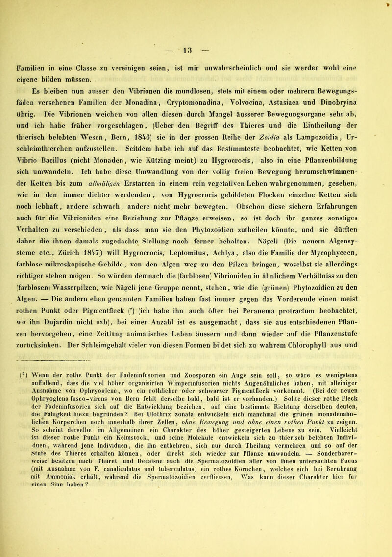 * Familien in eine Classe zu vereinigen seien, ist mir unwahrscheinlich und sie werden wohl eine eigene bilden müssen. Es bleiben nun ausser den Vibrionen die mundlosen, stets mit einem oder mehrern Bewegungs- fäden versehenen Familien der Monadina, Cryptomonadina, Volvocina, Astasiaea und Dinobryina übrig. Die Vibrionen weichen von allen diesen durch Mangel äusserer Bewegungsorgane sehr ab, und ich habe früher vorgeschlagen, (Ueber den Begriff des Thieres und die Eintheilung der thierisch belebten Wesen, Bern, 1846) sie in der grossen Reihe der Zoidia als Lampozoidia, Ur- schleimthierchen aufzustellen. Seitdem habe ich auf das Bestimmteste beobachtet, wie Ketten von Vibrio Bacillus (nicht Monaden, wie Kützing meint) zu Hygrocrocis, also in eine Pflanzenbildung sich umwandeln. Ich habe diese Umwandlung von der völlig freien Bewegung herumschwimmen- der Ketten bis zum allmäligen Erstarren in einem rein vegetativen Leben wahrgenommen, gesehen, wie in den immer dichter werdenden , von Hygrocrocis gebildeten Flocken einzelne Ketten sich noch lebhaft, andere schwach, andere nicht mehr bewegten. Obschon diese sichern Erfahrungen auch für die Vibrioniden eme Beziehung zur Pflanze erweisen, so ist doch ihr ganzes sonstiges Verhalten zu verschieden, als dass man sie den Phytozoidien zutheilen könnte, und sie dürften daher die ihnen damals zugedachte Stellung noch ferner behalten. Nägeli (Die neuern Algensy- steme etc., Zürich 1847) will Hygrocrocis, Leptomitus, Achlya, also die Familie der Mycophyceen, farblose mikroskopische Gebilde, von den Algen weg zu den Pilzen bringen, woselbst sie allerdings richtiger stehen mögen. So würden demnach die (farblosen) Vibrioniden in ähnlichem Verhältniss zu den (farblosen) Wasserpilzen, wie Nägeli jene Gruppe nennt, stehen, wie die (grünen) Phytozoidien zu den Algen. — Die andern eben genannten Familien haben fast immer gegen das Vorderende einen meist rothen Punkt oder Pigmentfleck (*) (ich habe ihn auch öfter bei Peranema protractum beobachtet, wo ihn Dujardin nicht sah), bei einer Anzahl ist es ausgemacht, dass sie aus entschiedenen Pflan- zen hervorgehen, eine Zeitlang animalisches Leben äussern und dann wieder auf die Pflanzenstufe zurücksinken. Der Schleimgehalt vieler von diesen Formen bildet sich zu wahrem Chlorophyll aus und (*) Wenn der rothe Punkt der Fadeninfusorien und Zoosporen ein Auge sein soll, so wäre es wenigstens auffallend, dass die viel höher organisirten Wimperinfusorien nichts Augenähnliches haben, mit alleiniger Ausnahme von Ophryoglena, wo ein röthlicher oder schwarzer Pigmentfleck vorkömmt. (Bei der neuen Ophryoglena fusco-virens von Bern fehlt derselbe bald, bald ist er vorhanden.) Sollte dieser rothe Fleck der Fadeninfusorien sich auf die Entwicklung beziehen, auf eine bestimmte Richtung derselben deuten, die Fähigkeit hiezu begründen? Bei Ulothrix zonata entwickeln sich manchmal die grünen monadenähn- lichen Körperchen noch innerhalb ihrer Zellen, ohne Bewegung und ohne einen rothen Punkt zu zeigen. So scheint derselbe im Allgemeinen ein Charakter des höher gesteigerten Lebens zu sein. Vielleicht ist dieser rothe Punkt ein Keimstock, und seine Moleküle entwickeln sich zu thierisch belebten Indivi- duen, während jene Individuen, die ihn entbehren, sich nur durch Theilung vermehren und so auf der Stufe des Thieres erhalten können, oder direkt sich wieder zur Pflanze umwandeln. — Sonderbarer- weise besitzen nach Thuret und Decaisne auch die Spermatozoidien aller von ihnen untersuchten Fucus (mit Ausnahme von F. canaliculatus und tuberculatus) ein rothes Körnchen, welches sich bei Berührung mit Ammoniak erhält, während die Spermatozoidien zerfliessen. Was kann dieser Charakter hier für einen Sinn haben ?