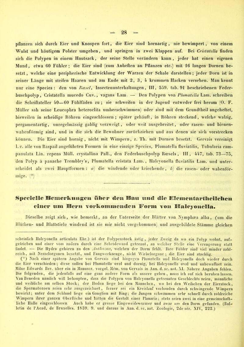 pflanzen sich durch Eier und Knospen fort, die Eier sind hornartig, nie bewimpert, von einem Wulst und häutigem Polster umgeben , und springen in zwei Klappen auf. Bei Cristatella finden sich die Polypen in einem Hautsack, der seine Stelle verändern kann, jeder hat einen eigenen Mund, etwa 60 Fühler; die Eier sind (zum Anheften an Pflanzen etc.) mit 16 langen Dornen be- setzt , welche eine peripherische Entwicklung der Warzen der Schale darstellen ; jeder Dorn ist in seiner Länge mit steifen Haaren und am Ende mit 2, 3, 4 krummen Hacken versehen. Man kennt nur eine Species : den von Basel, Insectenunterhaltungen , III, 559. tab. 91 beschriebenen Feder- buschpolyp, Cristatella mucedo Cuv., vagans Lam. — Den Polypen von Plumatella Lam. schreiben die Schriftsteller 40—60 Fühlfäden zu ; sie schweifen in der Jugend entweder frei herum (0. F. Müller sah seine Leucophra heteroclita umherschwimmen) oder sind mit dem Grundtheil angeheftet, bisweilen in scheidige Röhren eingeschlossen; später gehäuft, in Röhren steckend, welche walzig, pergamentartig, unregelmässig gablig verzweigt, oder weit ausgebreitet, oder rasen- und bienen- wabenförmig sind, und in die sich die Bewohner zurückziehen und aus denen sie sich vorslrecken können. Die Eier sind hornig, nicht mit Wimpern, z. Th. mit Dornen besetzt. Gervais vereinigt 1. c. alle von Raspail angeführten Formen in eine einzige Species, Plumatella fluvialilis, Tubularia cam- panulata Lin. repens Müll, crystallina Pall., den Federbuschpolyp Roeseis, III, 447, tab. 73—75, den Polyp ä panache Trembley’s, Plumatella cristata Lam., Halcyonella fluviatilis Lam. und unter- scheidet als zwei Hauptformen : a) die windende oder kriechende, b) die rasen- oder wabenför- mige. (*) Specidle üesMerkmigen i'iiier den Hssia nnd die EleEnenisM'tlacilclien eines* «am BSersa vorkonimendc n Form vom Slaicyoitella. Dieselbe zeigt sich, wie bemerkt, an der Unterseite der Blätter von Nymphaea alba, (um die Blüthen- und Blattstiele windend ist sie mir nicht vorgekommen) und ausgebildete Stämme gleichen scheinlich Halcyonella articulata Ehr.) ist der Polypenstock ästig , jeder Zweig da wo ein Polyp wohnt, auf- getrieben und einer vom andern durch eine Scheidewand getrennt, an welcher Stelle eine Verengerung statt lindet. — Die Hydra gehören zu den Anthozoa, welchen der Darm fehlt. Ihre Fühler sind viel minder zahl- reich, mit Nesselorganen besetzt, und Fangwerkzeuge, nicht Wirbelorgane; die Eier sind stachlig. CO Nach einer spätem Angabe von Gervais sind hingegen Plumatella und Halcyonella doch wieder durch die Eier verschieden ; diese sollen bei Plumatella oval und dornig, bei Halcyonella oval und unbewaffnet sein. Milne Edwards Ber. über ein in Manuscr. vorgel. Mem. von Gervais in Ann. d. sc. nat. XI. Nähere Angaben fehlen. Die folgenden, die jedenfalls auf eine ganz andere Form als unsere gehen, muss ich auf sich beruhen lassen. VanBeneden nämlich will behaupten, dass die Polypen von Halcyonella getrennten Geschlechts seien, männliche und weibliche am selben Stock; der Hoden liege bei den Männchen, wo bei den Weibchen der Eierstock, die Spermatozoen seien sehr ausgezeichnet, ferner sei ein Kreislauf vorhanden durch schwingende Wimpern bewirkt; unter dem Schlund liege ein Ganglion mit Bing; die Jungen schwämmen sehr schnell durch zahlreiche Wimpern ihrer ganzen Oberfläche und hätten die Gestalt einer Planaria; stets seien zwei in eine gemeinschaft- liche Hülle eingeschlossen. Auch habe er grosse Eingeweidewürmer und zwar um den Darm gefunden. (Bul- letin de PAcad, de Bruxelles. 1839. 9. und daraus in Ann. d. sc. nat. Zoologie, 2de ser. XIV, 222.)