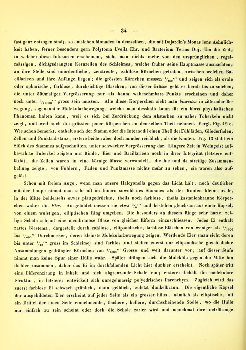 fast ganz entzogen sind), so entstehen Monaden in demselben, die mit Dujardin’s Monas lens Aehnlich- keit haben, ferner besonders gern Polytoma Uvella Ehr. und Bacterium Termo Duj. Um die Zeit, in welcher diese Infusorien erscheinen, sieht man nichts mehr von den ursprünglichen , regel- mässigen , dichtgedrängten Kernzellen des Schleimes, welche früher seine Hauptmasse ausmachten; an ihre Stelle sind unordentliche , zerstreute , zahllose Körnchen getreten, zwischen welchen Ba- cillarieen und ihre Anfänge liegen ; die grössten Körnchen messen und zeigen sich als ovale oder sphärische , farblose, durchsichtige Bläschen; von dieser Grösse geht es herab bis zu solchen, die unter 500maliger Vergrösserung nur als kaum wahrnehmbare Punkte erscheinen und daher noch unter Vioooo7“ gross sein müssen. Alle diese Körperchen sieht man bisweilen in zitternder Be- wegung, sogenannter Molekularbewegung, welche man desshalb kaum für ein bloss physikalisches Phänomen halten kann , weil es sich bei Zerdrückung dem Absterben zu naher Tuberkeln nicht zeigt, und weil auch die grössten jener Körperchen an demselben Theil nehmen. Vergl. Fig. 12c. Wie schon bemerkt, enthält auch der Stamm oder die Internodii einen Theil derFühlfäden, Gliederfäden, Zellen und Punktsubstanz , erstere beiden aber doch minder reichlich, als die Knoten. Fig. 13 stellt ein Stück des Stammes aufgeschnitten, unter schwacher Vergrösserung dar. Längere Zeit in Weingeist auf- bewahrte Tuberkel zeigten nur Rinde, Eier und Bacillarieen noch in ihrer Integrität (letztere ent- färbt) , die Zellen waren in eine körnige Masse verwandelt, die hie und da streifige Zusammen- ballung zeigte , von Fühlern , Fäden und Punktmasse nichts mehr zu sehen , sie waren also auf- gelöst. Schon mit freiem Auge, wenn man unsere Halcyonella gegen das Licht hält, noch deutlicher mit der Loupe nimmt man sehr oft im Innern sowohl des Stammes als der Knoten kleine ovale, in der Milte beiderseits etwas plaltgedrückte, theils noch farblose, theils kastanienbraune Körper- chen wahr : die Eier. Ausgebildet messen sie etwa und bestehen gleichsam aus einer Kapsel, von einem wulstigen, elliptischen Ring umgeben. Die besonders an diesem Ringe sehr harte, zel- lige Schale scheint eine membranöse Blase von gleicher Eiform einzuschliessen. Jedes Ei enthält zartes Blastema, dargestellt durch zahllose, ellipsoidische, farblose Bläschen von weniger als V3000 bis l/400‘ Durchmesser, deren kleinste Molekularbewegung zeigen. Werdende Eier (man sieht deren bis unter yi8' gross im Schleime) sind farblos und stellen zuerst nur ellipsoidische gleich dichte Ansammlungen gedrängter Körnchen von 1/100q Grösse und weit darunter vor ; auf dieser Stufe nimmt man keine Spur einer Hülle wahr. Später drängen sich die Moleküle gegen die Mitte hin dichter zusammen , daher das Ei im durchfallenden Licht hier dunkler erscheint. Noch später tritt eine Diflerenzirung in Inhalt und sich abgrenzende Schale ein; ersterer behält die molekulare Struktur , in letzterer entwickelt sich unregelmässig polyedrisches Parenchym. Zugleich wird das zuerst farblose Ei schwach grünlich , dann gelblich, zuletzt dunkelbraun. Die eigentliche Kapsel der ausgebildeten Eier erscheint auf jeder Seite als ein grosser hilus , nämlich als elliptische , oft ein Drittel der einen Seite einnehmende, flachere, hellere, durchscheinende Stelle, wo die Hülle nur einfach zu sein scheint oder doch die Schale zarter wird und manchmal ihre netzförmige
