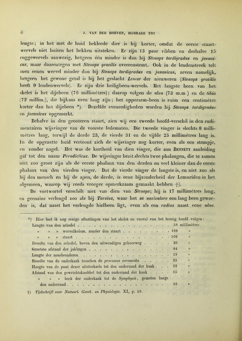 lengte; in het met de huid bekleede dier is hij korter, omdat de eerste staart- wervels niet buiten het hekken uitsteken. Er zijn 15 paar ribben en derhalve 15 ruggewervels aanwezig, hetgeen één minder is dan hij Stenops tardigradus en javani- cus, maar daarentegen met Slenops gracilis overeenstemt. Ook in de lendenstreek telt men eenen wervel minder dan bij Slenops tardigradus en javanicus, zeven namelijk, hetgeen het gewone getal is hij het geslacht Lemur der nieuweren (Stenops gracilis heeft 9 lenden wervels). Er zijn drie heiligbeen-wervels. Het langste been van het skelet is het dijebeen (76 milliinètres); daarop volgen de ulna (73 m.m ) en de tibia (72 millim.), die bijkans even lang zijn; het opperarm-been is ruim een centimètre korter dan het dijebeen *). Dezelfde evenredigheden worden bij Stenops tardigradus en javanicus opgemerkt. Behalve in den grooteren staart, zien wij een tweede hoofd-verschil in den rudi- mentairen wijsvinger van de voorste ledematen. Die tweede vinger is slechts 8 milli- inètres lang, terwijl de derde 23, de vierde 31 en de vijfde 25 millimètres lang is. In de opgezette huid vertoont zich de wijsvinger nog korter, even als een stompje, en zonder nagel. Het was de kortheid van dien vinger, die aan Bennett aanleiding gaf tot den naam Perodicticus. De wijsvinger bezit slechts twee phalangen, die te zamen niet zoo groot zijn als de eerste phalanx van den derden en veel kleiner dan de eerste phalanx van den vierden vinger. Dat de vierde vinger de langste is, en niet zoo als hij den mensch en hij de apen, de derde, is eene bijzonderheid der Lemuriden in het algemeen, waarop wij reeds vroeger opmerkzaam gemaakt hebben j-). De voetwortel verschilt niet van dien van Stenops; hij is 17 millimètres lang, en geenzins verlengd zoo als hij Tarsius, waar het os naviculare een lang been gewor- den is, dat naast het verlengde hielbeen ligt, even als een radius naast eene ulna. *) Hier laat ik nog eenige afmetingen van liet skelet en vooral van het beenig hoofd volgen: Lengte van den schedel 58 millimètres. » » » wervelkolom, zonder den staart 198 » » » » staart 106 » Breedte, van den schedel, boven den uitwendigen gehoorweg 30 » Grootste afstand der jukbögen 44 » Lengte der neusbeenderen 19 >> Breedte van de onderkaak tusschen de processus coronoidei 35 » Hoogte van de punt dezer uitsteeksels tot den onderrand der kaak ... 22 » Afstand van den gewrichtsknobbel tot den onderrand der kaak .... 15 » » » » hoek der onderkaak tot de Symphysis, gemeten langs den onderrand 33 « f) Tijdschrift voor Natuurl. Gesch. en Physiologie. XT, p. 19.